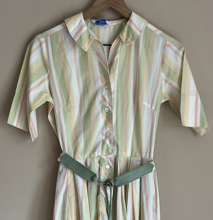 Vintage Shirt Dress Full Skirt Stripe Fit Flare 50s 60s Rockabilly XS 0 2 Belt