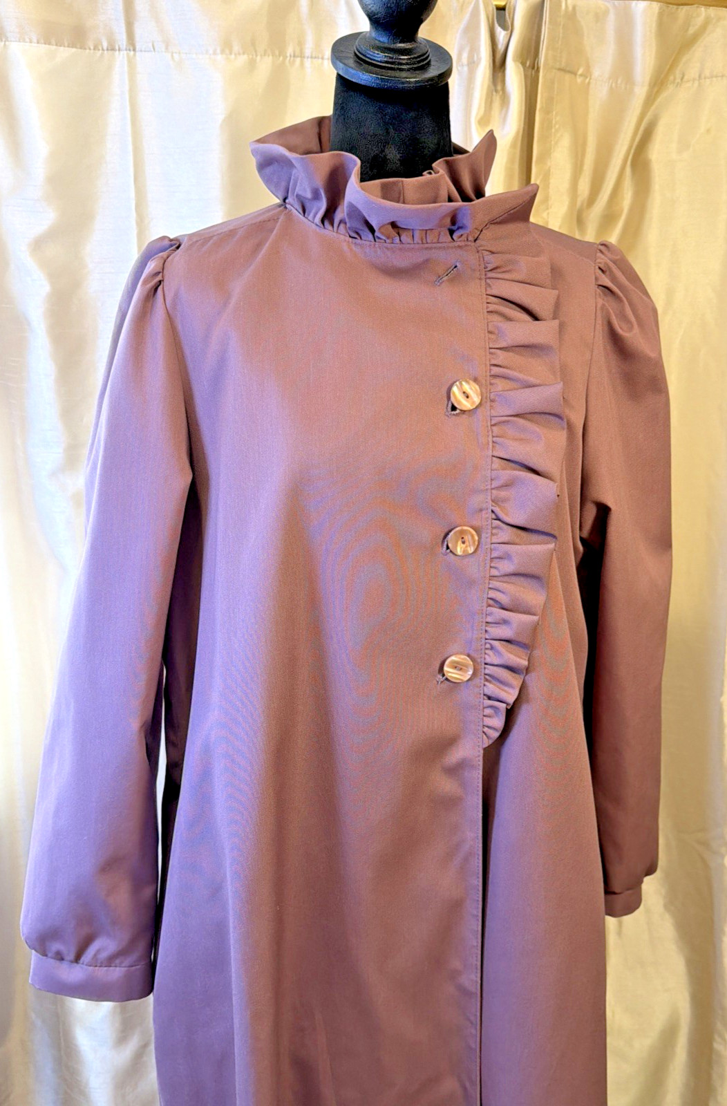 Misty Harbor Mauve Ruffled Gathered Long Rain Trench Coat SZ 12 80&rsquo;s