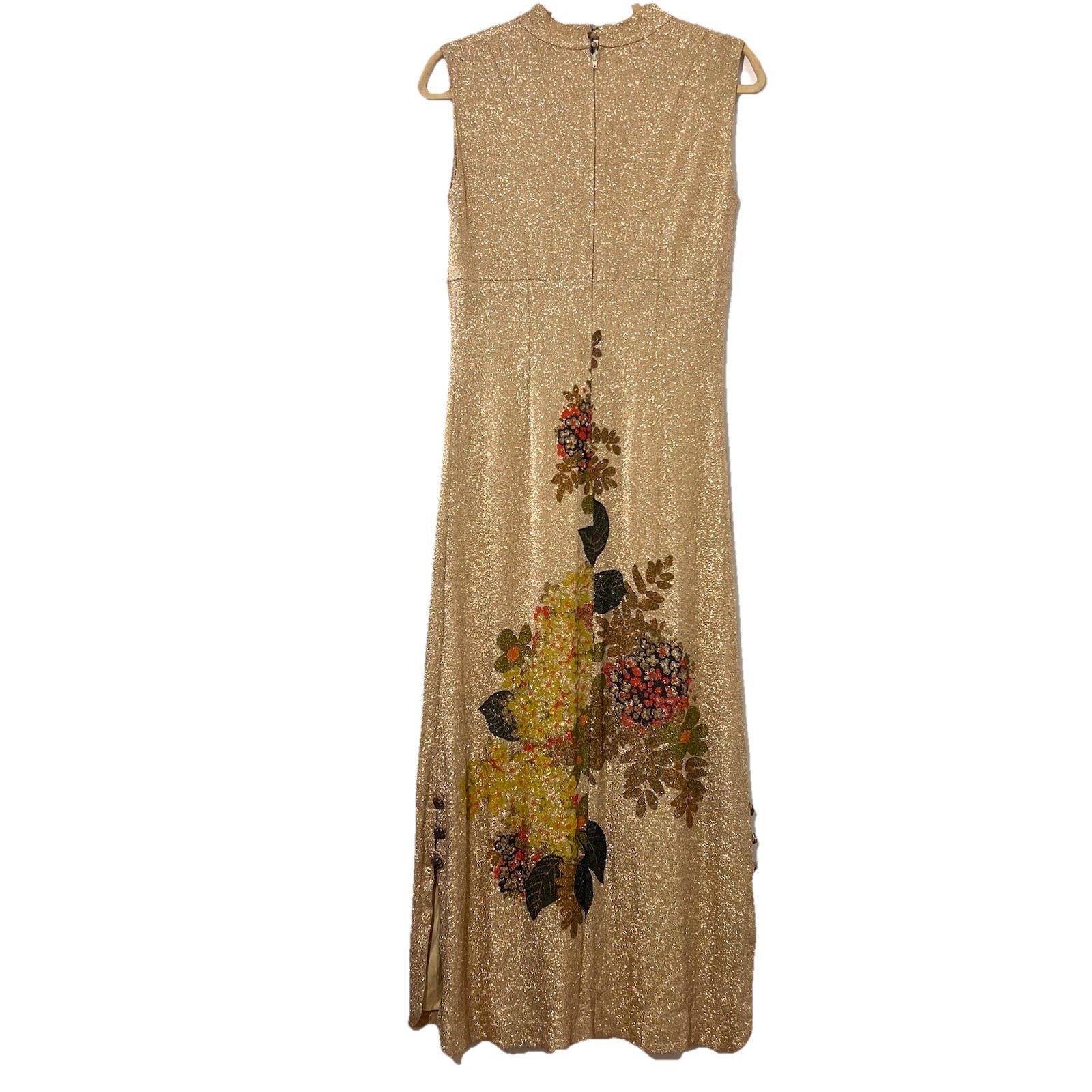 Vintage 70s? Maxi Dress Womens S Metallic Gold Floral Asian Inspired Party