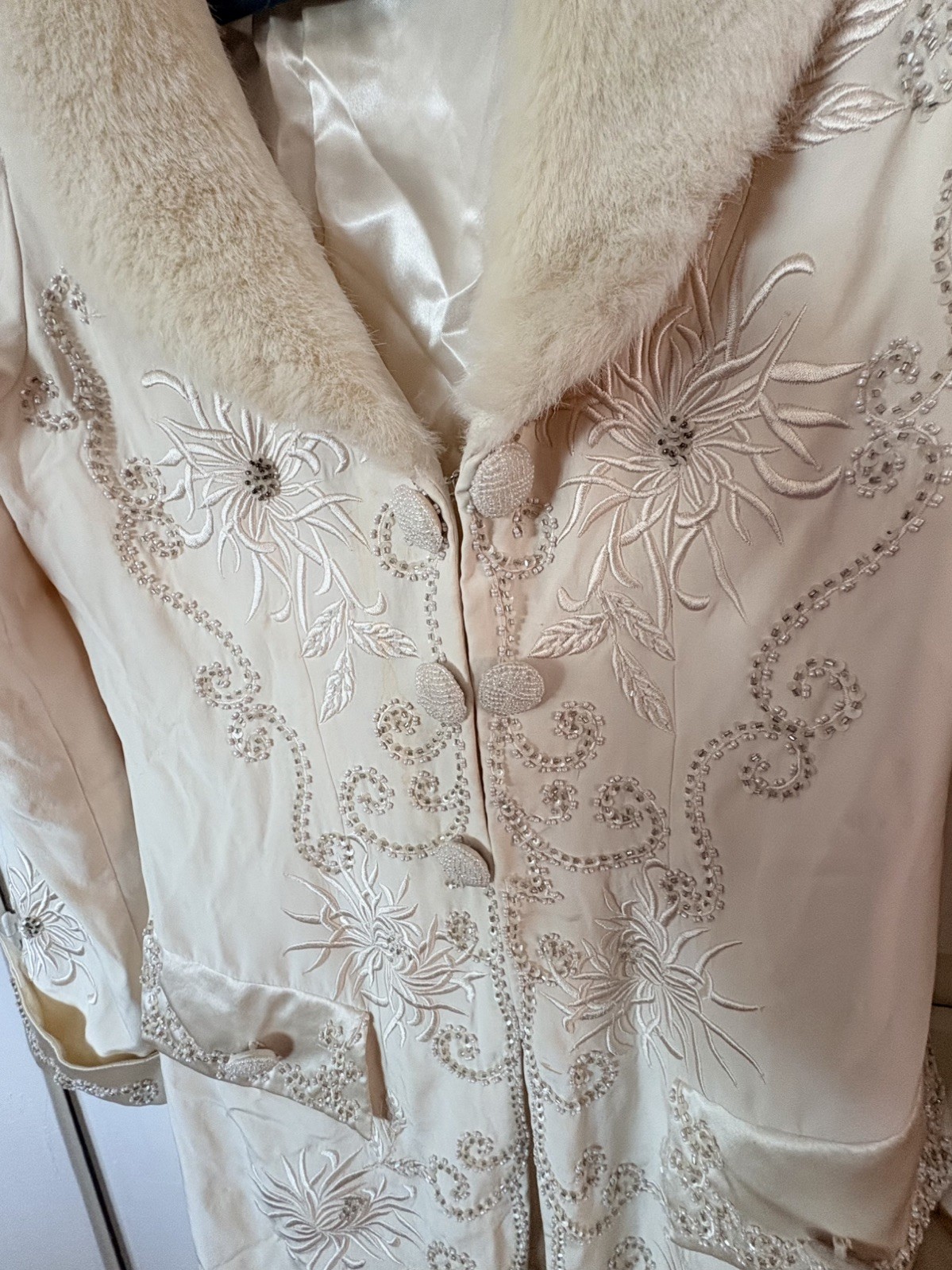 Sue Wong Rare Vintage Silk, Beaded, Embroidered Evening Coat W/ Faux Fur Collar