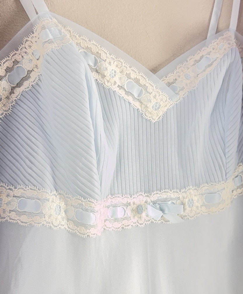 Vintage St Michael Sheer Blue White Nylon and Lace Midi Nightgown 36 Bust