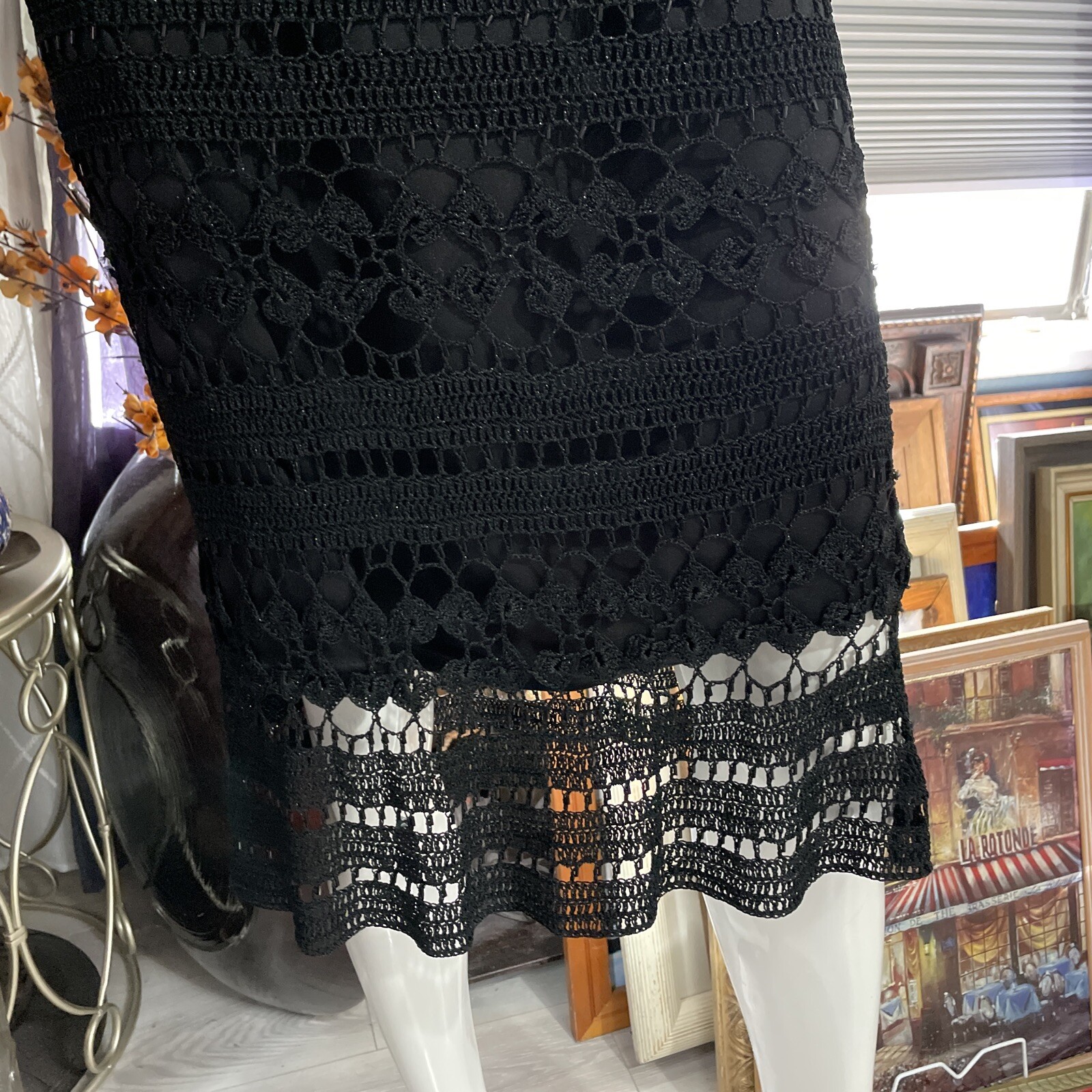 Gorgeous Vintage CACHÉ Black Beaded Crochet Knit Midi Dress XS/S/M