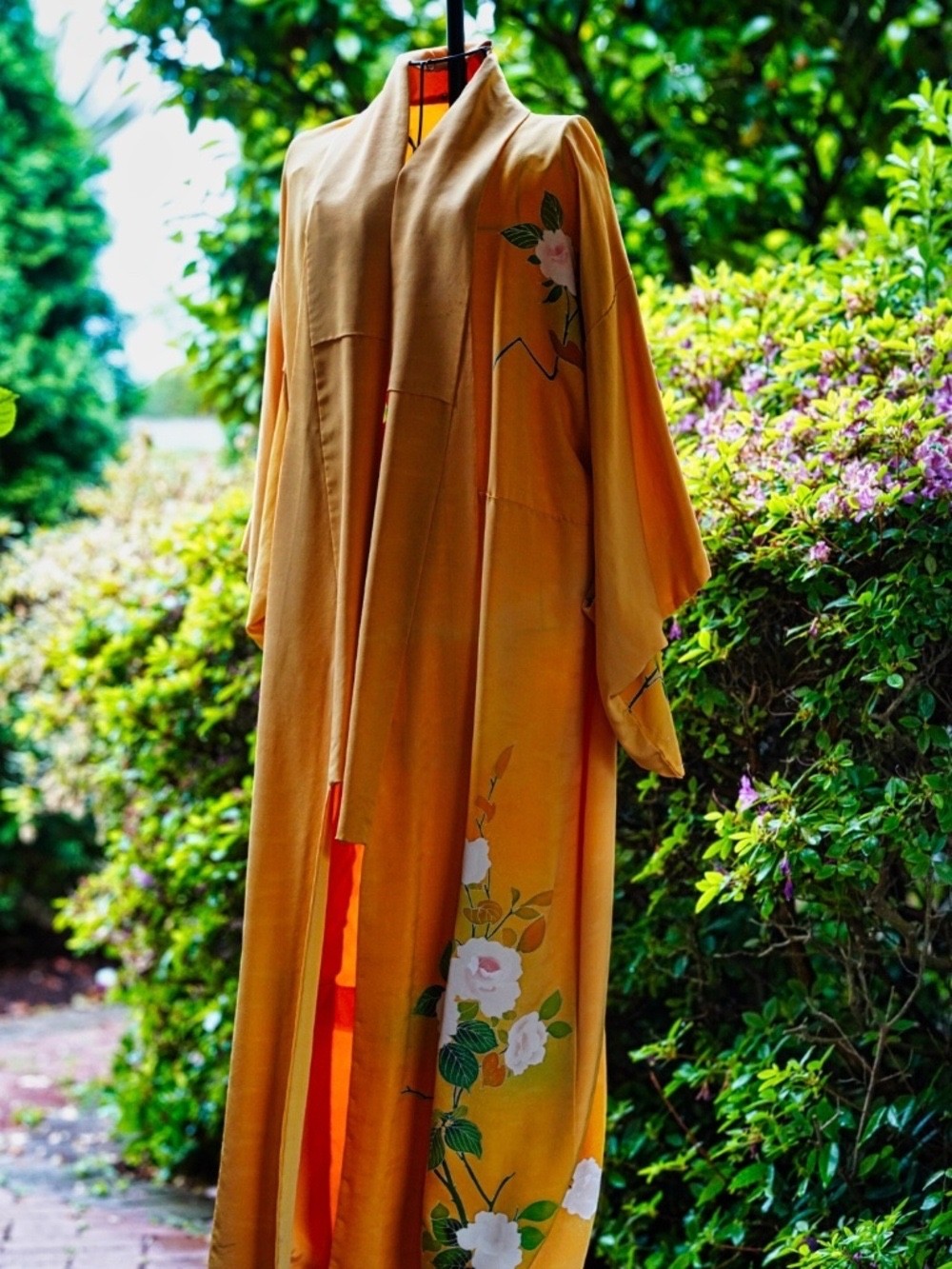 Vintage Hand-Painted Marigold Yellow Floral Long Robe / Duster