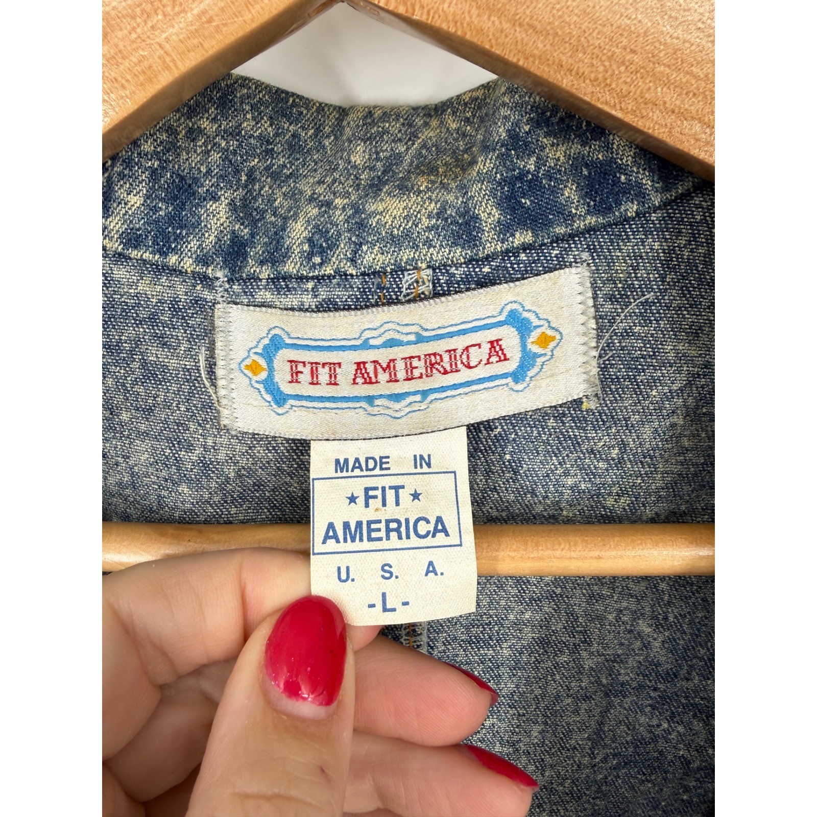 Vintage Fit America Womens Large Denim Trench Coat Hand Painted Floral Acid Wash
