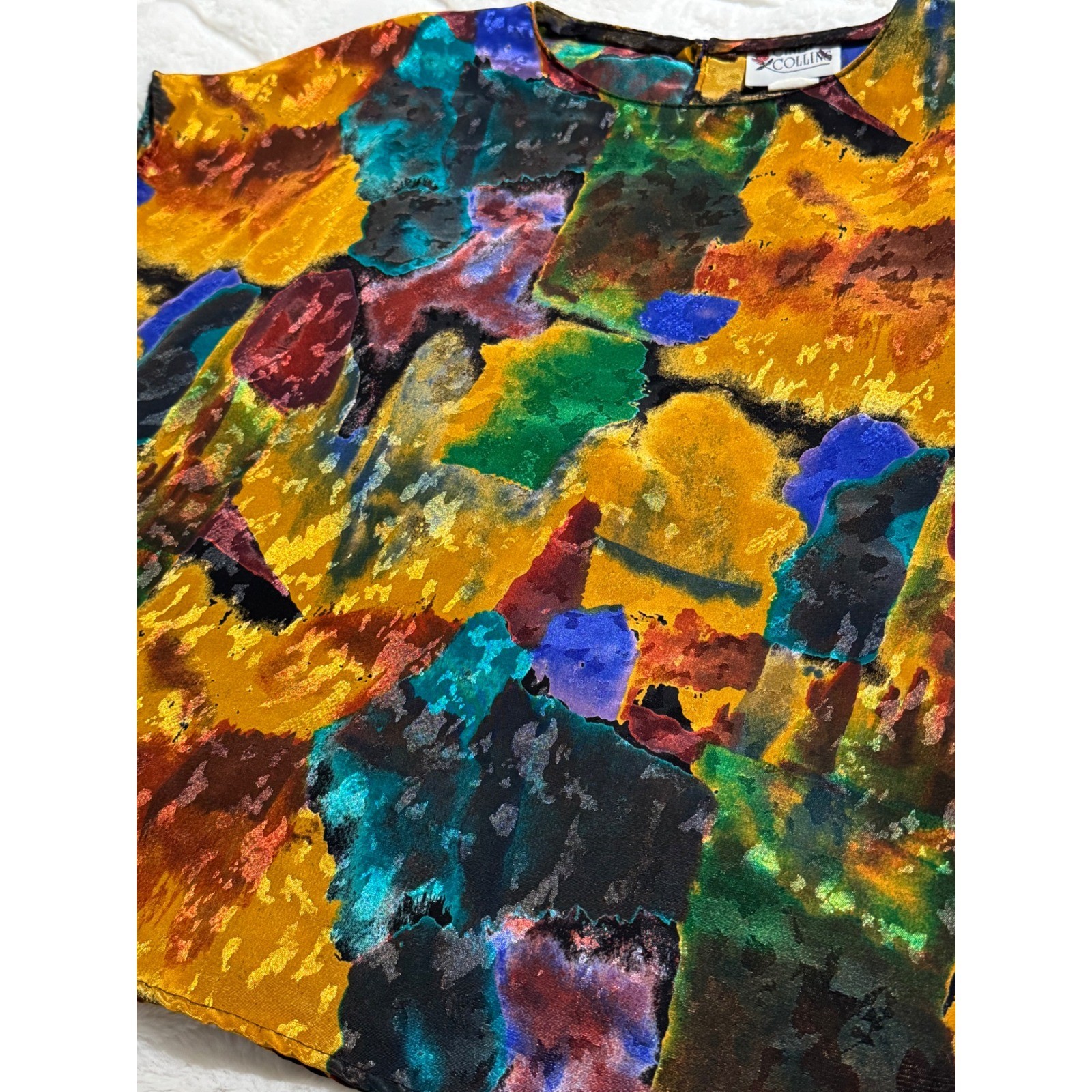 Vintage Cindy Collins Abstract Art Print Blouse Top USA Made Large Colorful 90s