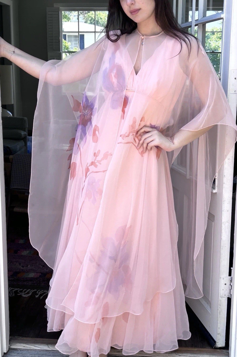Vintage 60s Dan Lee Couture M (14) Pink Chiffon Dress Overlay Watercolor Fairy