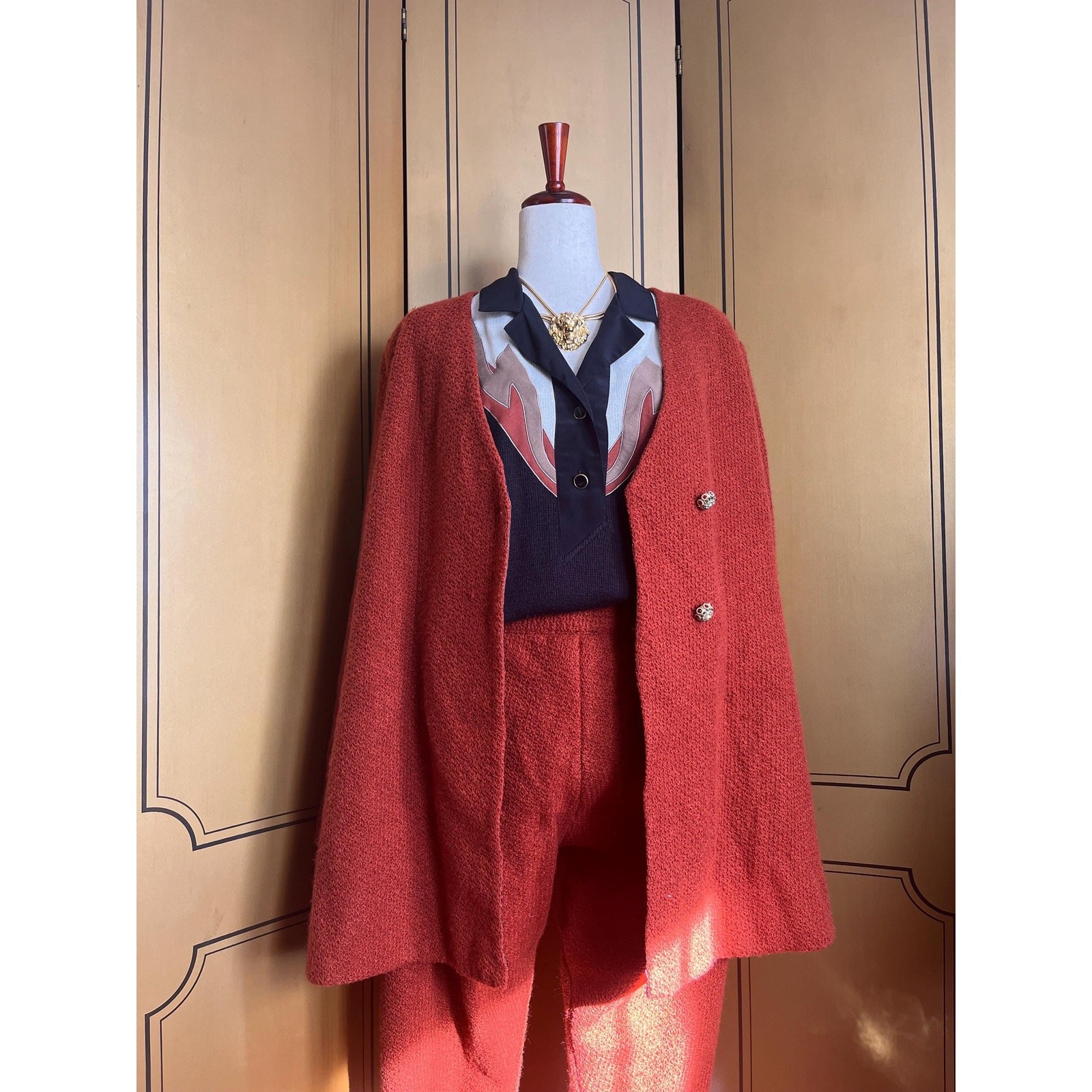 Handmade woolen pantsuit in rust, size 18