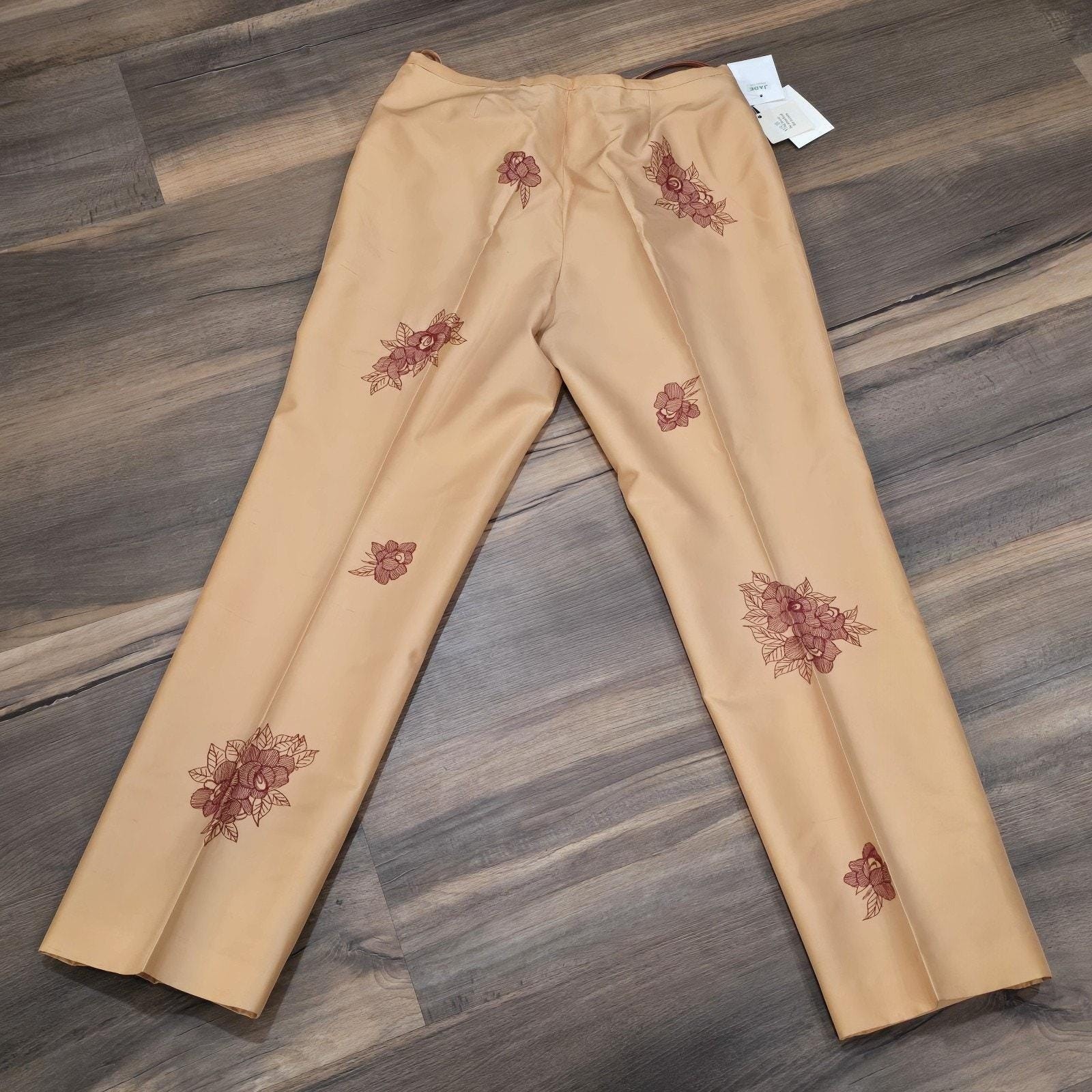 Maroon Red Tan Floral Beaded Embroidered Silky Vintage Pants Jade Melody Tam 10