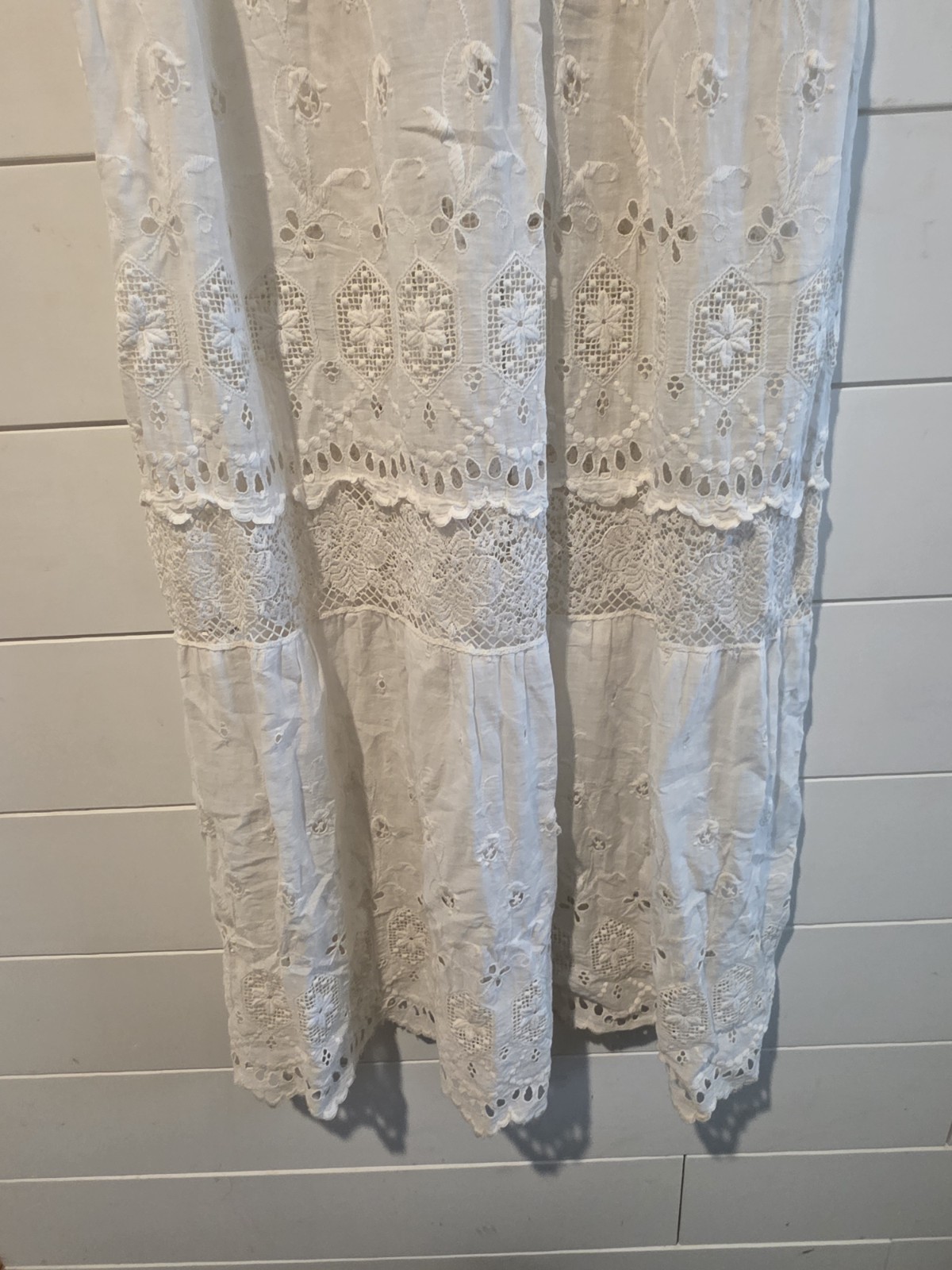 Antique Edwardian White Cotton Lawn Gown Embroidered Eyelet Lace Tea Dress XS
