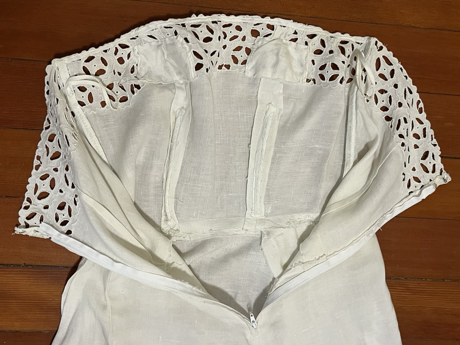 Vintage 1940s White Linen Strapless Dress Cutwork Summer Formal Wedding 40s