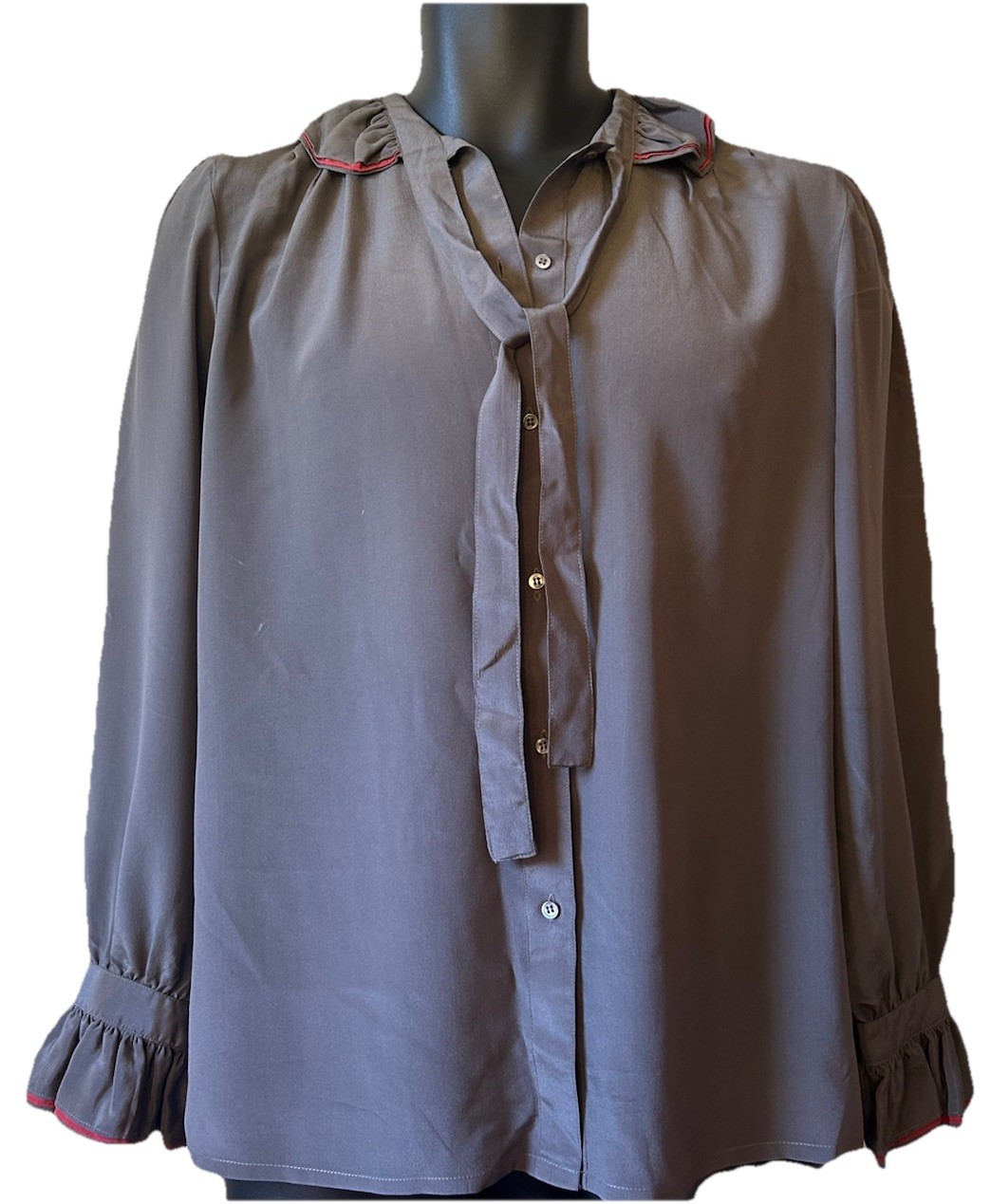 VTG 80’s Royal Silk Gray Red Ruffled Button Front Blouse 10 Neck Tie Unique