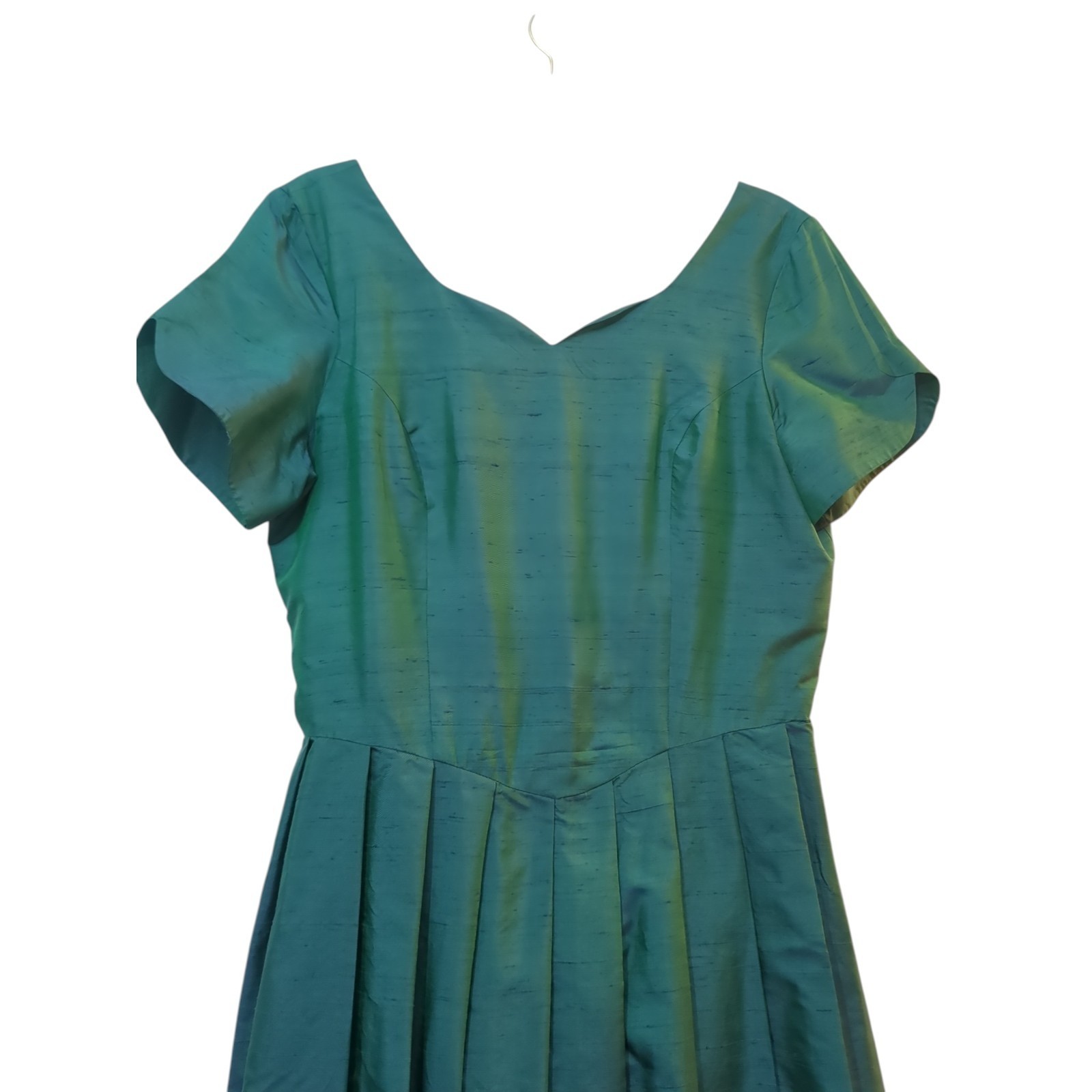 VINTAGE LAURA ASHLEY 100% SILK DUPIONI Iridescent Peacock Fit &Flare Dress US 12