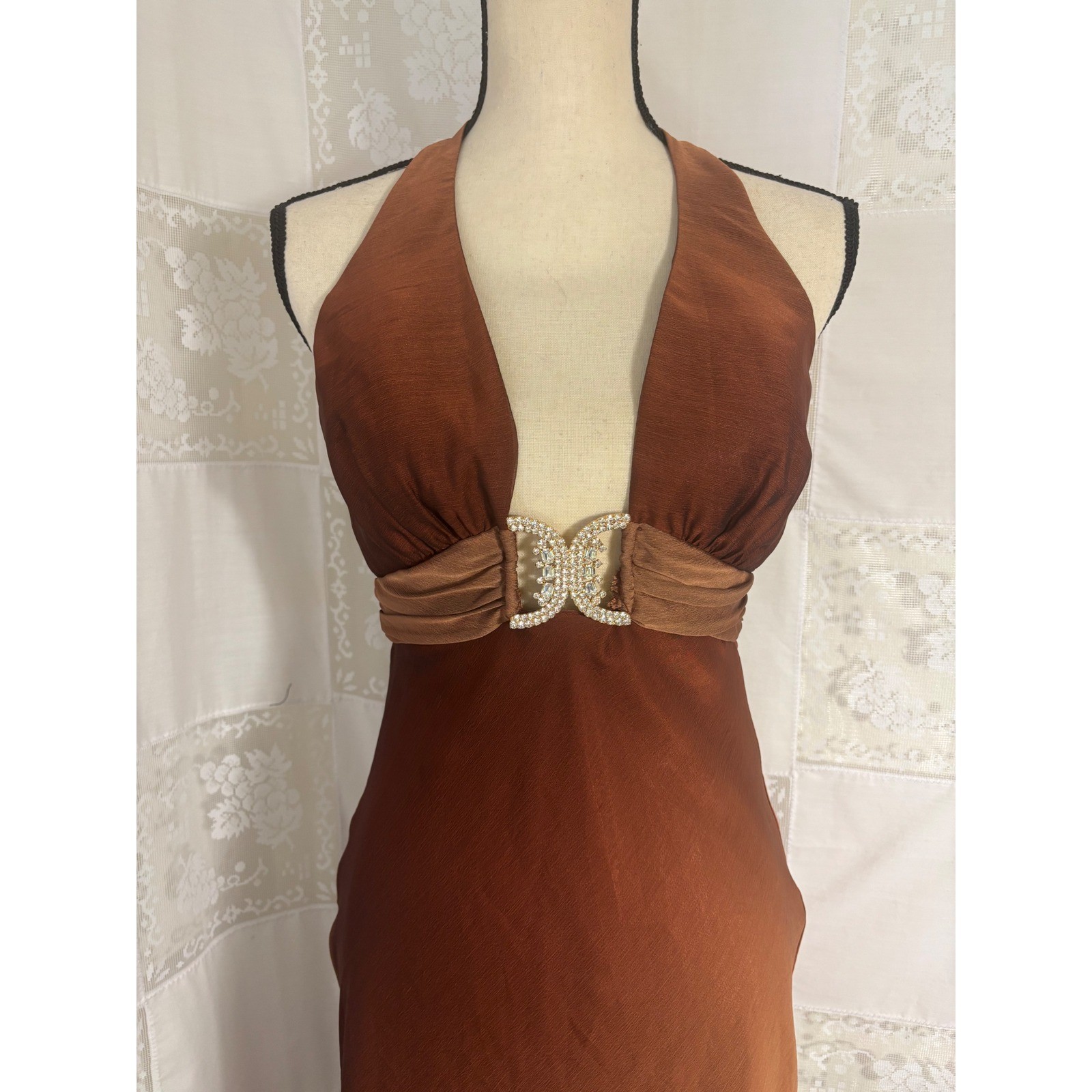 VTG Brown Copper Ombre Plunge Neck Halter Beaded Floor Length Gown Size XS