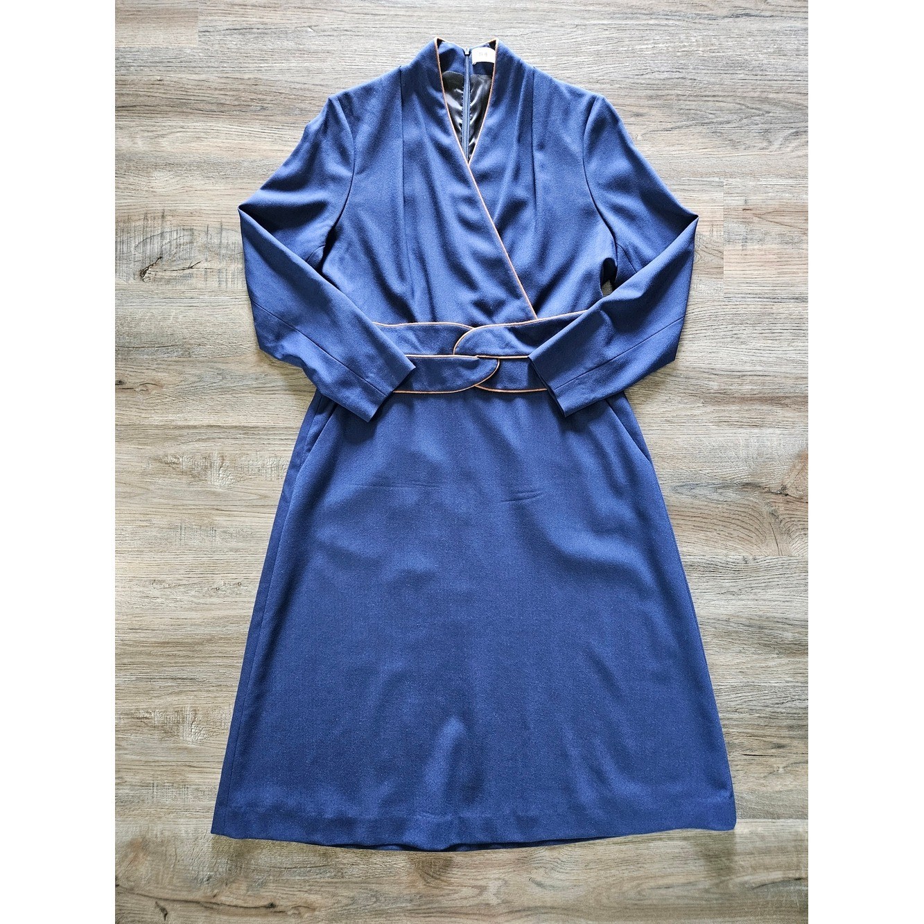 Rare THE FOLD London Virgin Wool Navy Blue w/ Copper Neck Line & Belt Trim Dress