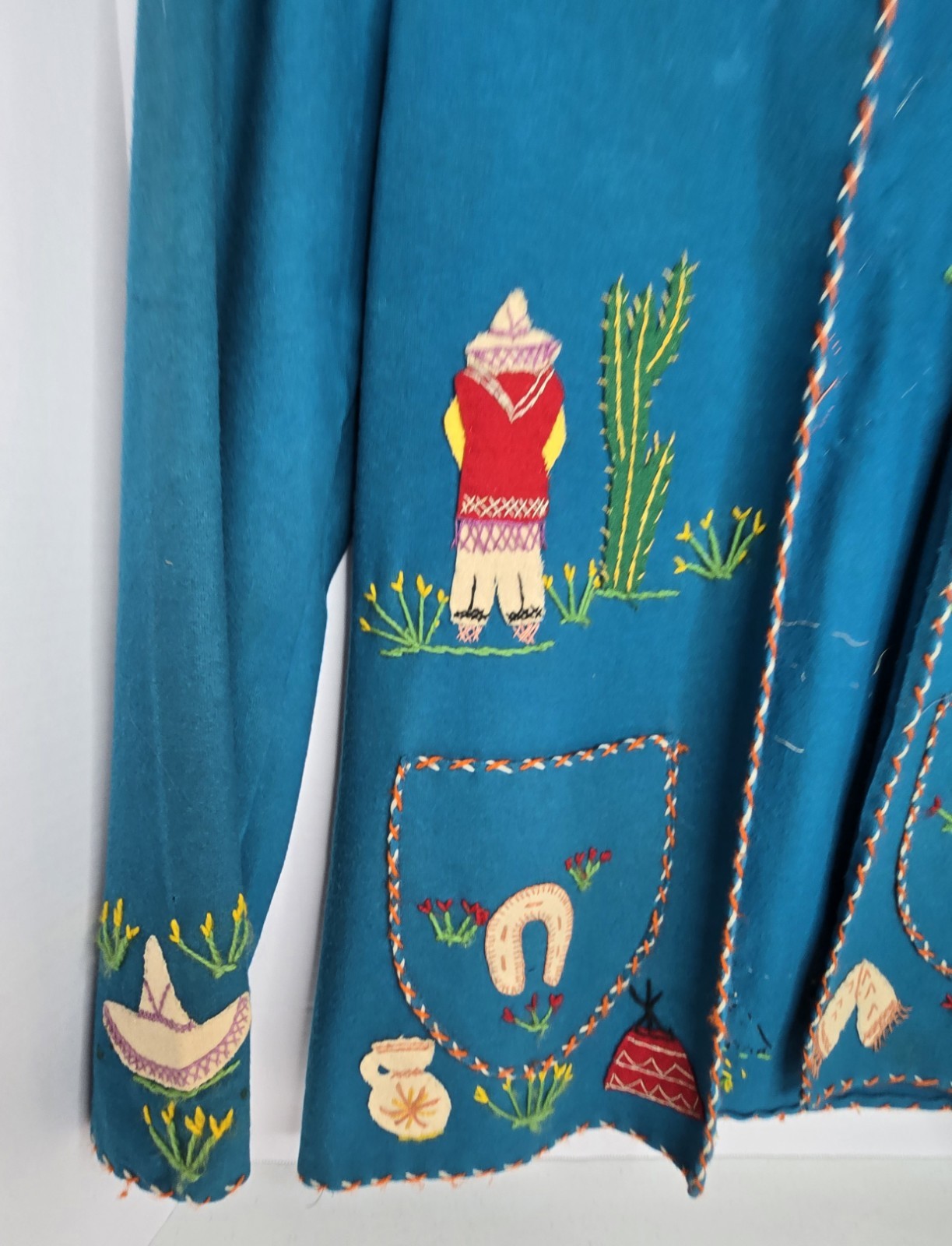 Vintage Mid-Century Lopez Mexican Wool Embroidered Souvenir Jacket – Teal As-Is