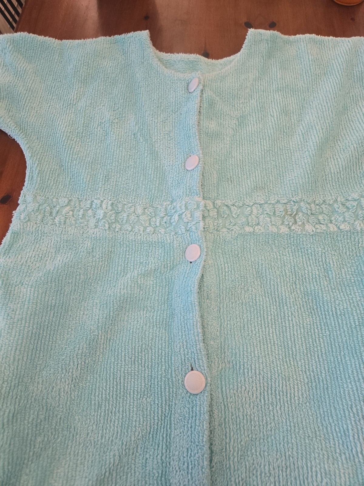 VTG Stan Herman Turquoise Chenille Short Robe House Dress Sz L Button Front S/S