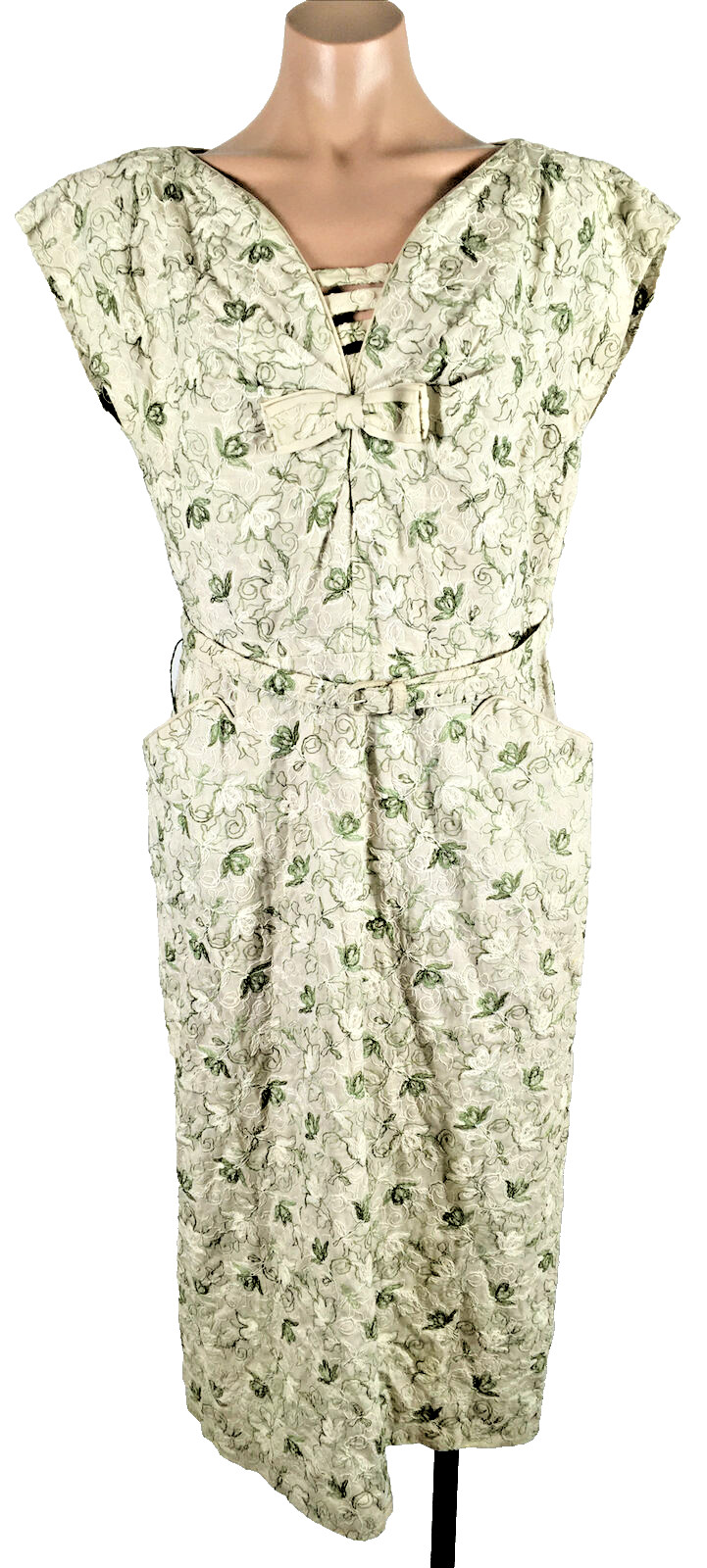 Vintage 60s 50s Blakely S/M Floral Embroidered Bow Ivory Cocktail Day Dress