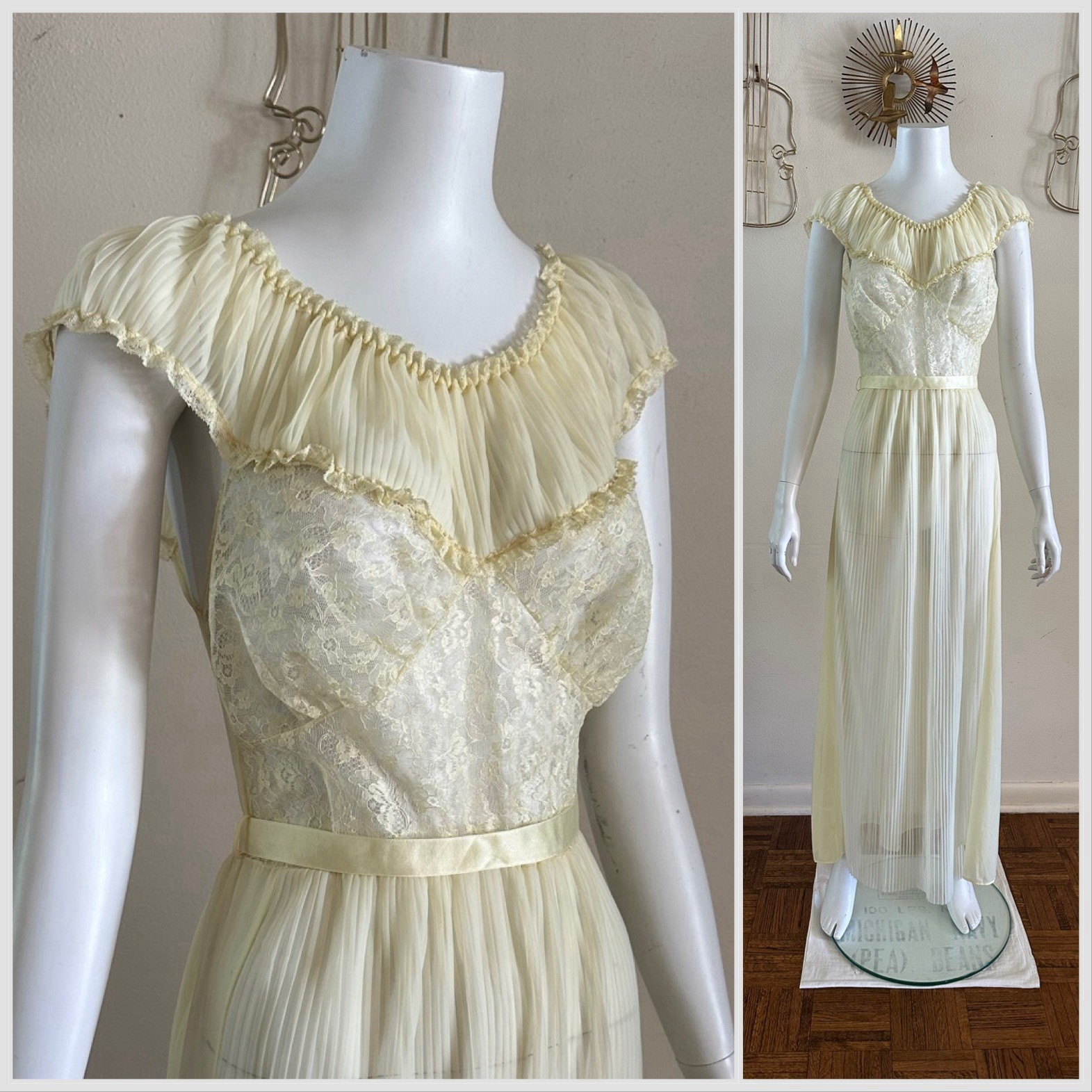1970s Edwards Yellow Lace Nylon Gown Pleated Prairie Romantic Maxi Dress VTG