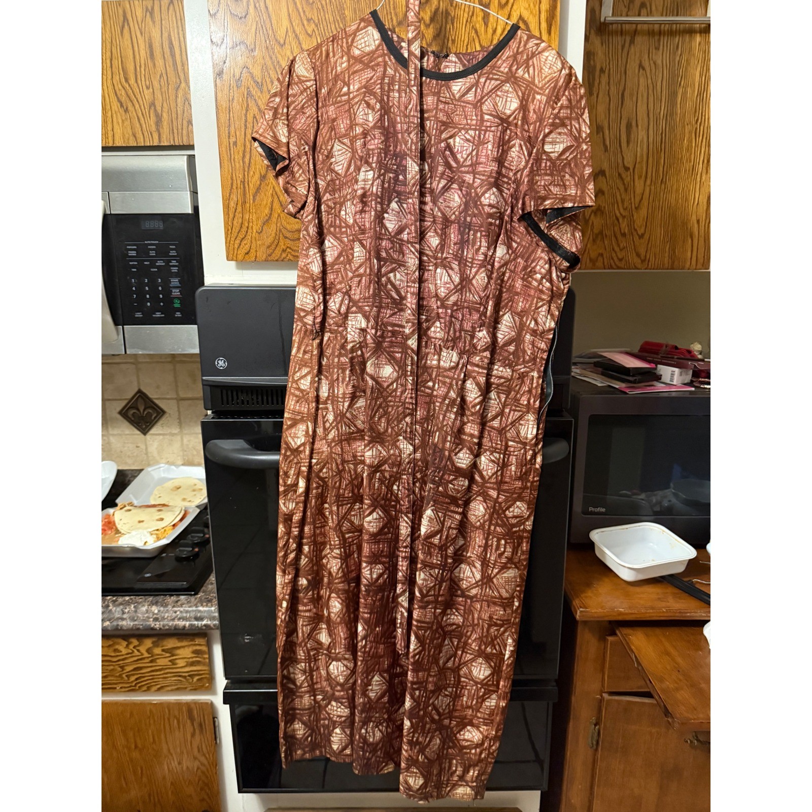 Vintage 50s 60s Abstract Print Dress & Jacket Set Copper Brown MCM Sheath Belted