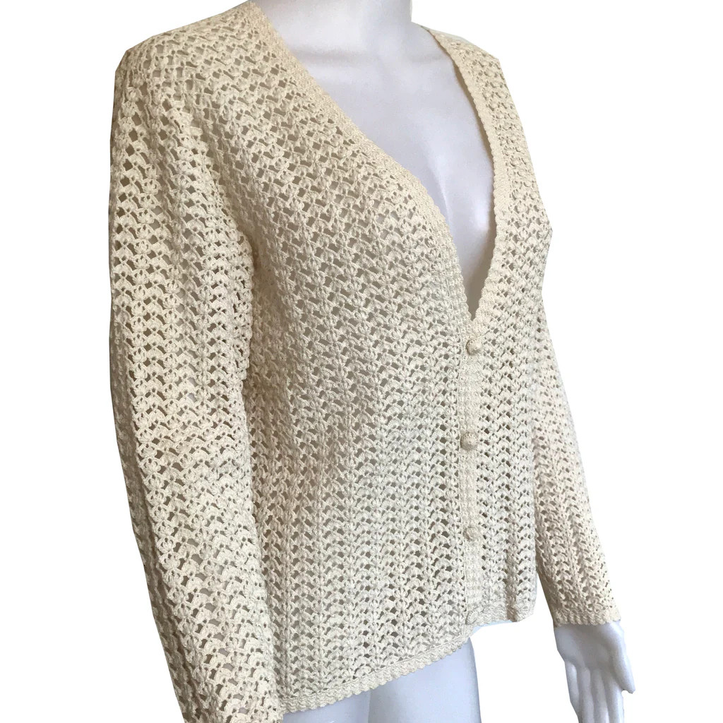 Vintage Hand Crocheted Cotton Cardigan Cream Women’s Small Cottage Core