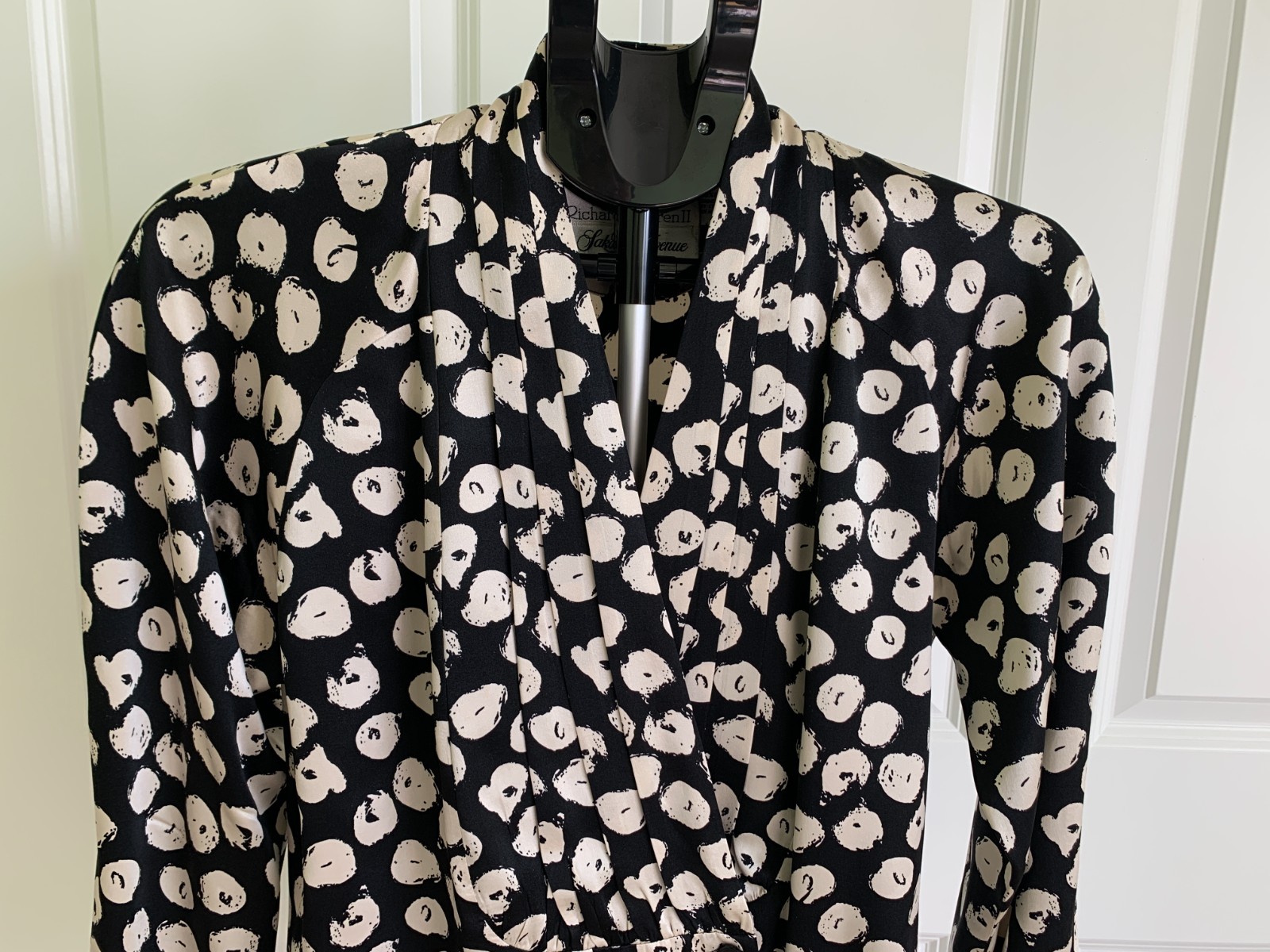 Vtg Constance Saunders 100% silk blouse black cream abstract circles sz 4 M