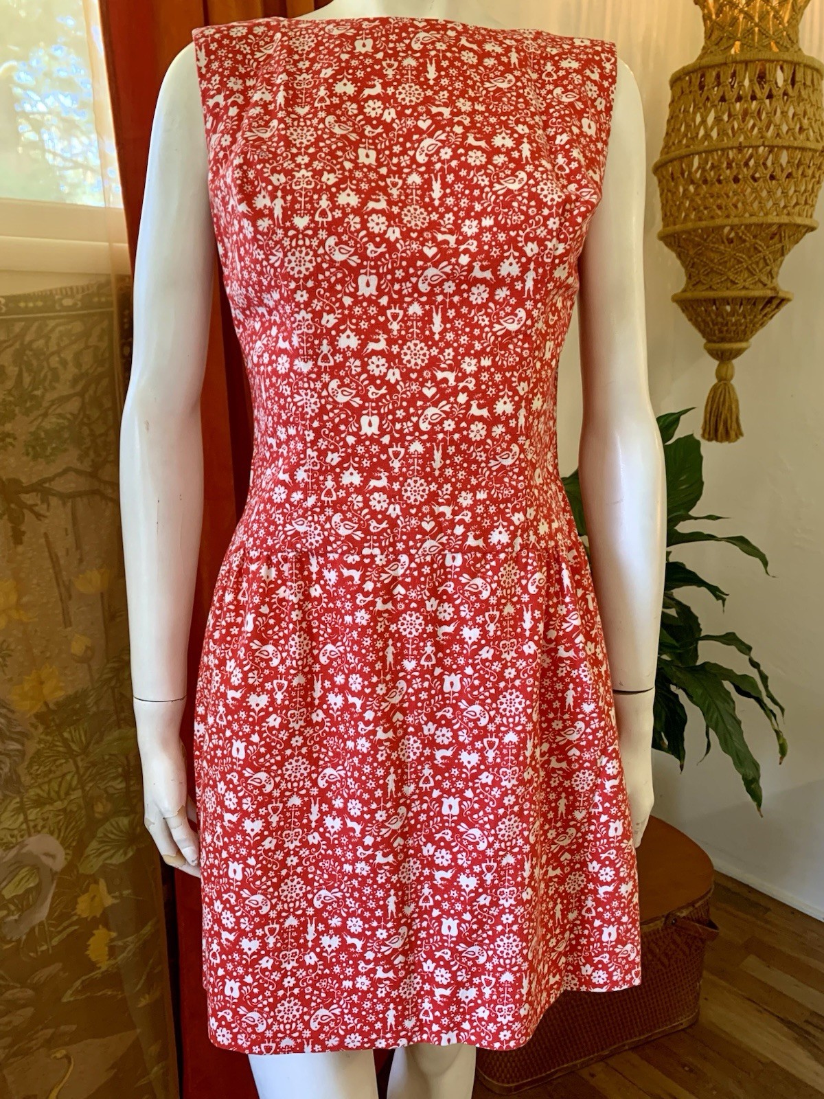 1960s vintage red FOLK ART novelty print rockabilly Dress & matching Mens Shirt