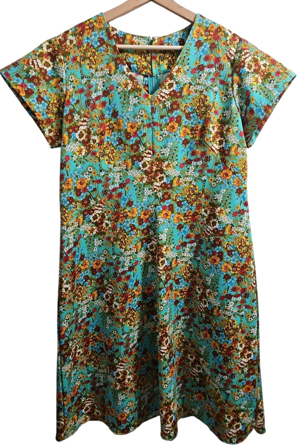 Vintage 70s Floral House Dress Womens XL 14/16 Turquoise Boho Hippie Shift Midi