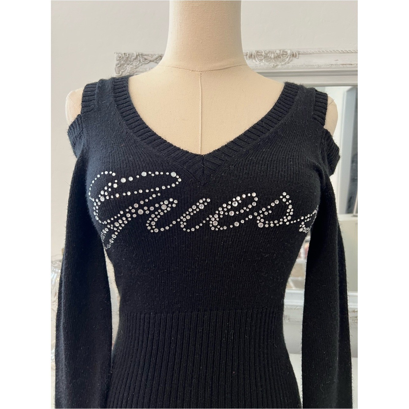 vintage guess black rhinestone long sleeve fitted sweater babydoll top