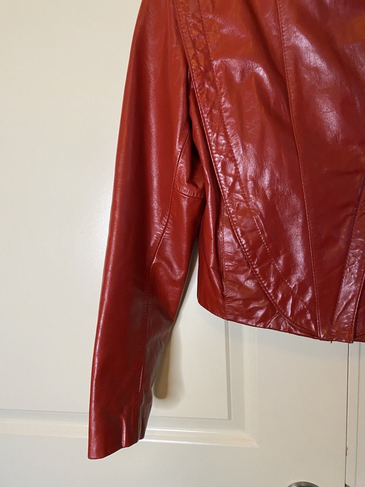 Vintage Wilson’s Bold Red Leather Cropped Biker Moto 80s Jacket Asymmetrical