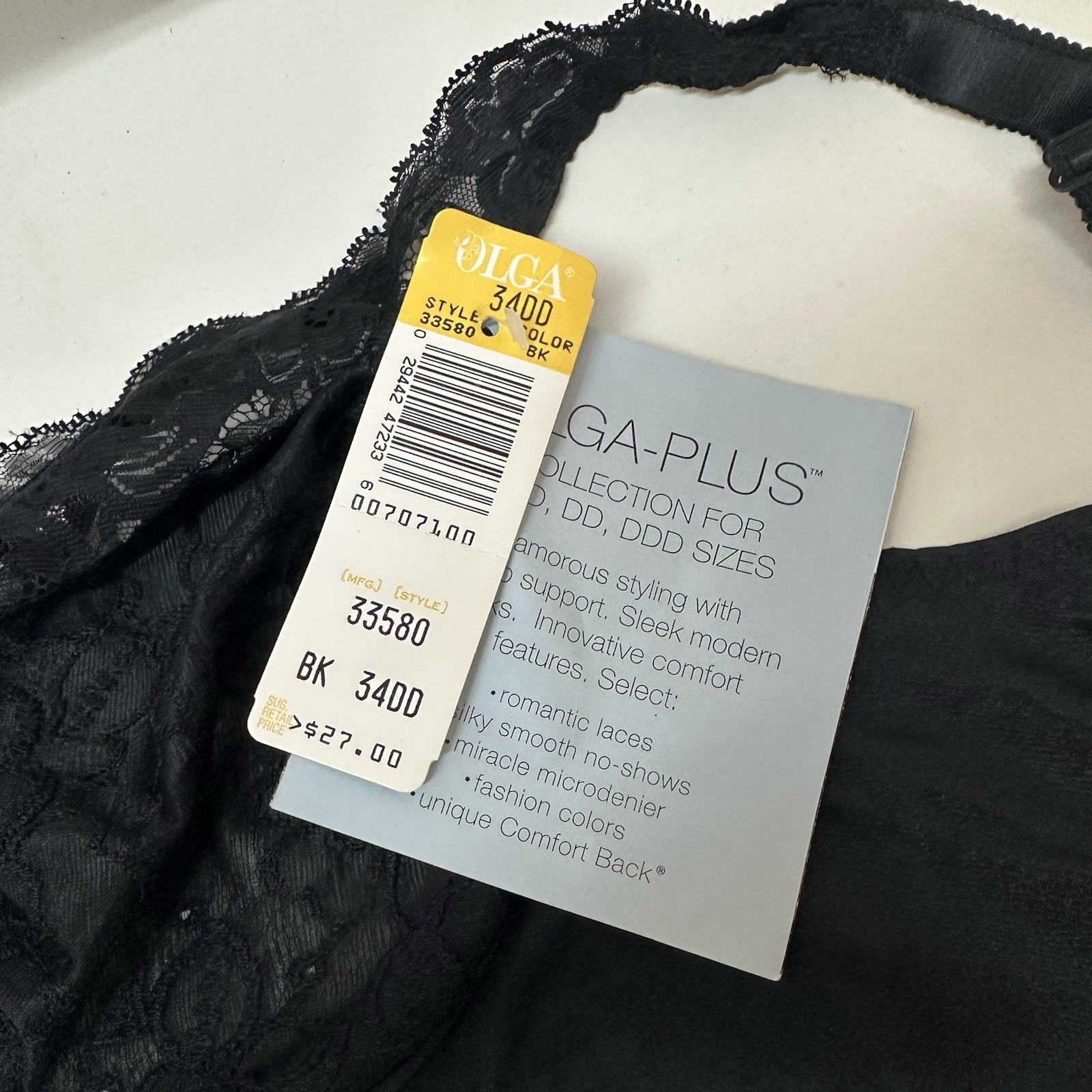 Vtg Olga Lacy Textures Bra 34DD Full Figure Underwire Lace Black #33580 NEW