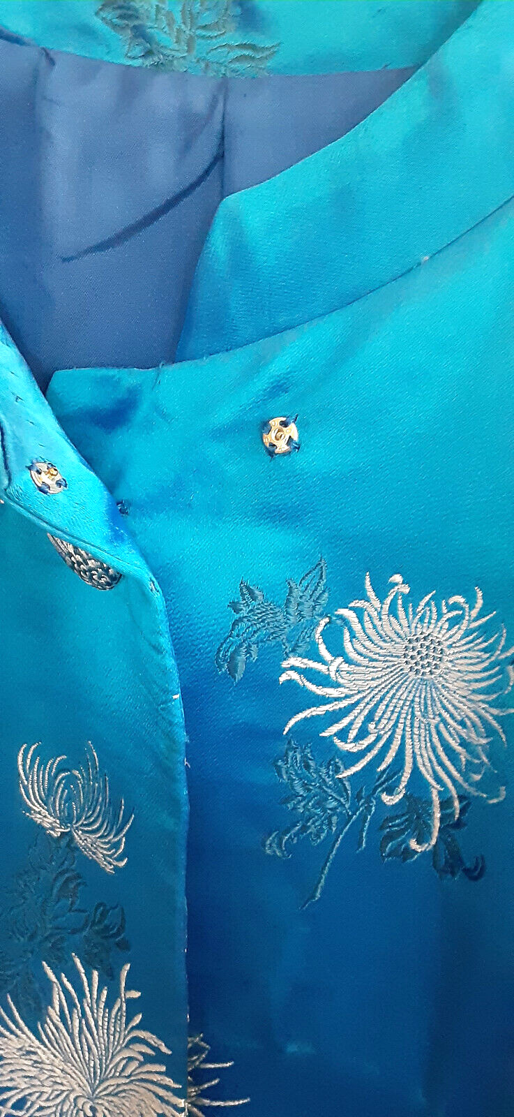 VTG Harilela&rsquo;s Custom Oriental Peacock Blue Satin Floral Swing Coat Hong Kong L