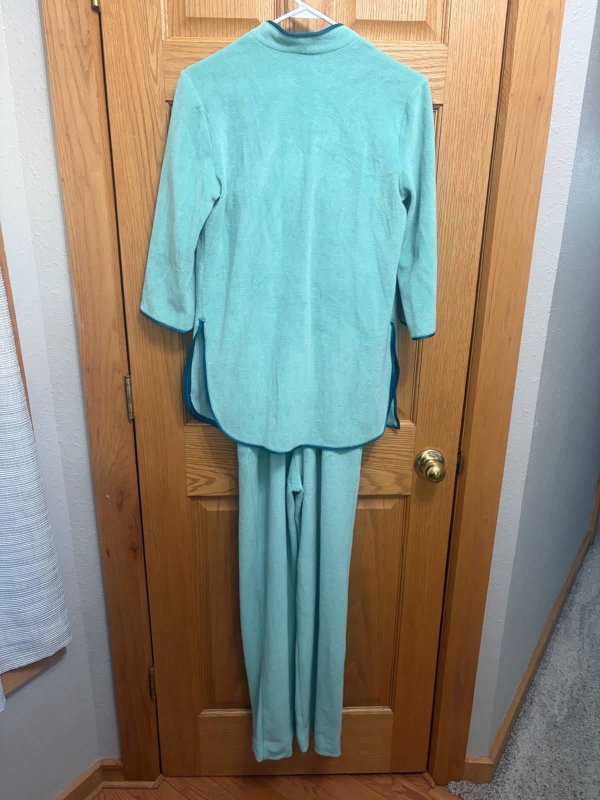 VTG 1970s De Weese Design Mint Aqua Terry Velour 2pc Jumpsuit Jacket Set Small
