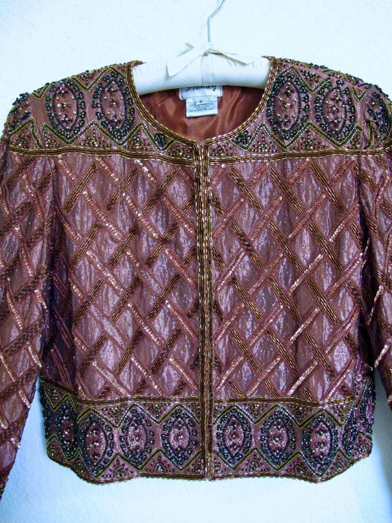 Vintage 80s Stenay Copper Brown Silk Trophy Sequin & Bead Jacket S Glam Party