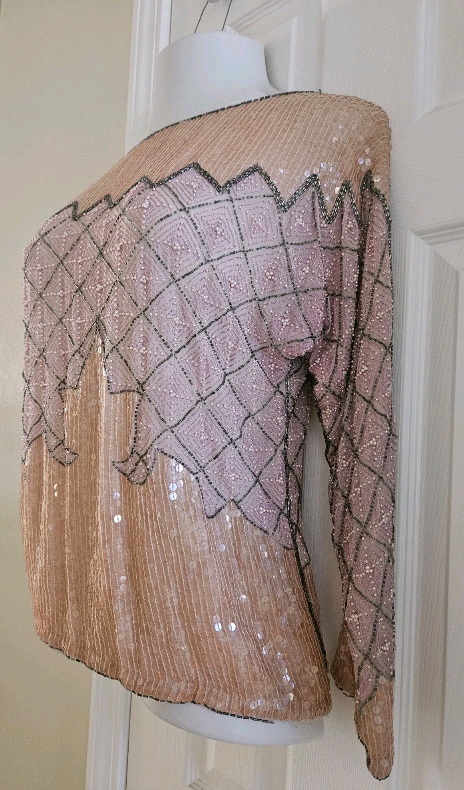 Unbranded Vintage 80s Beaded Sequin 100% Silk Formal Top Blouse Salmon Pink M
