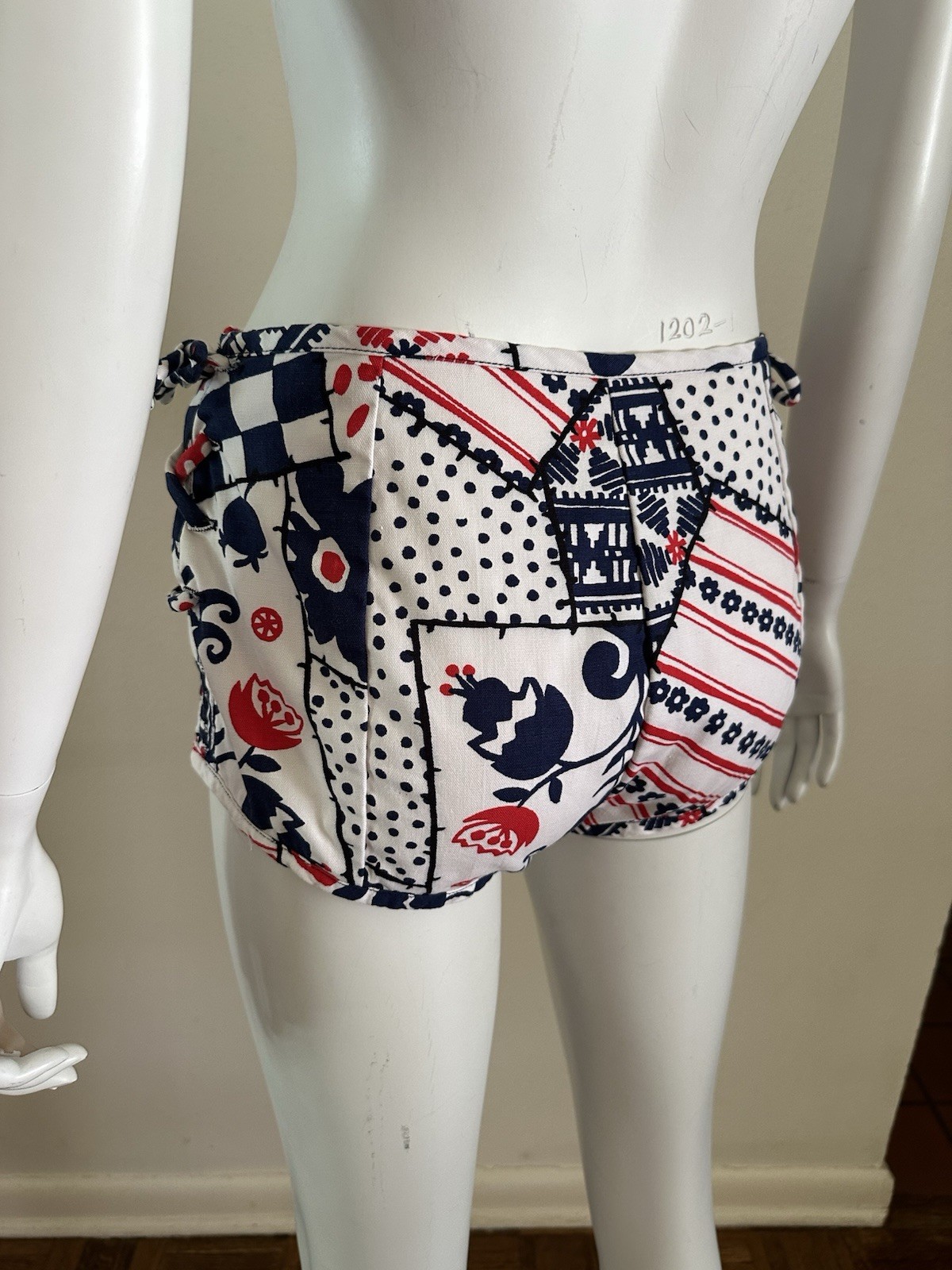 1960s Patchwork Print Lace Up Swim Bottoms Hot Pants Mod Floral Polka Dot S VTG