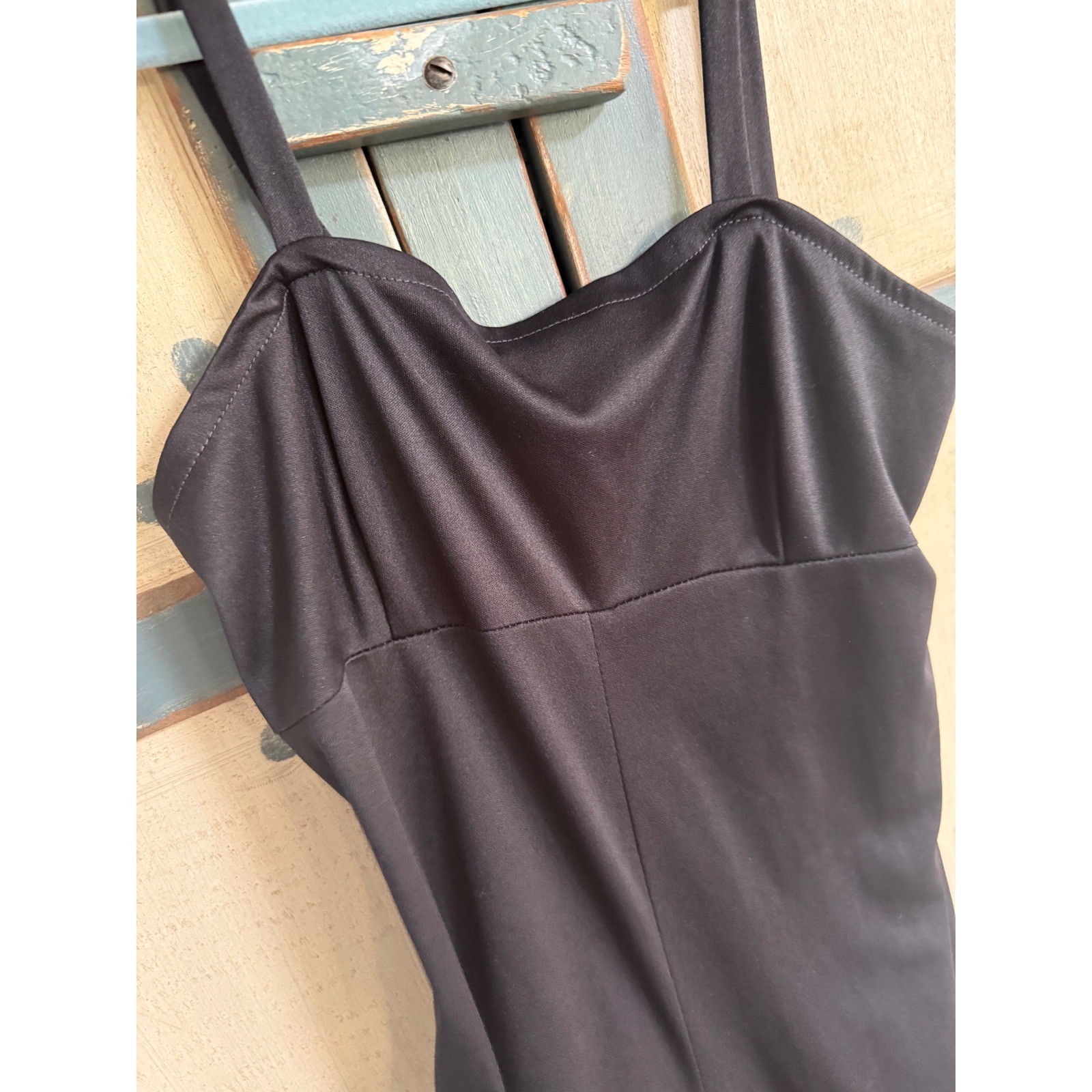 Vintage Black Spaghetti Strap Jumpsuit Wide Leg Sweetheart Neck 100% Disco 5