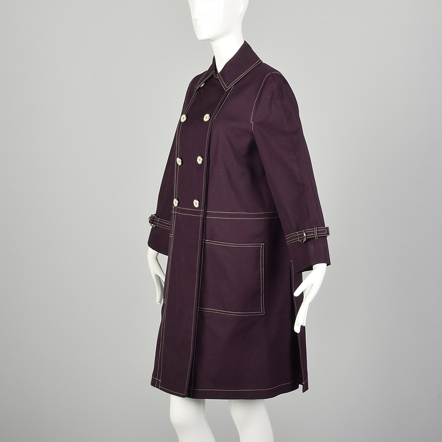 Medium 1960s Coat Plum Aubergine Mod Double Breasted Canvas Autumn VTG 60s