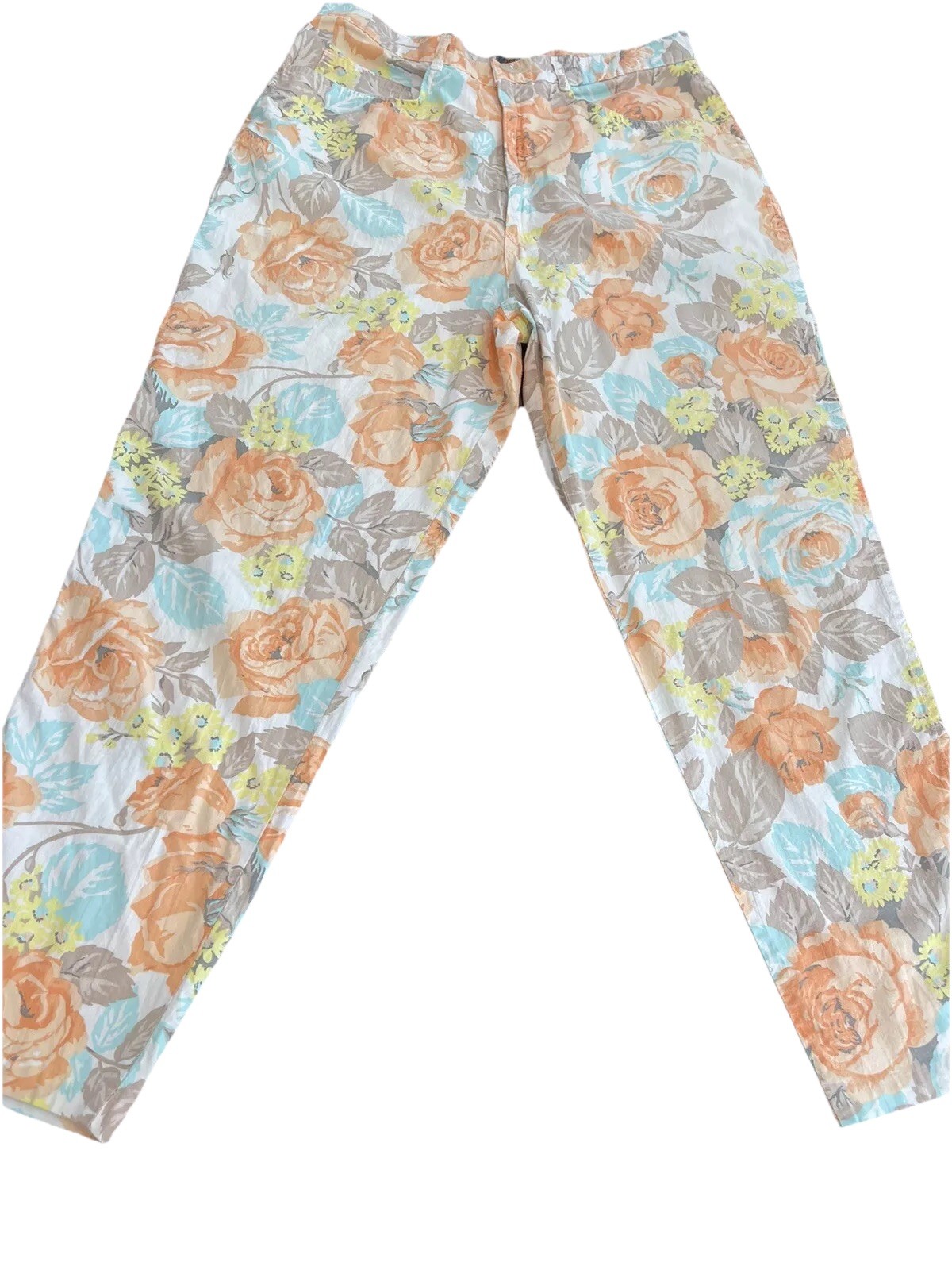 Jou Jou Pants Cotton-1980s-made In USA-EUC-floral-orange-turquoise-beige VTG
