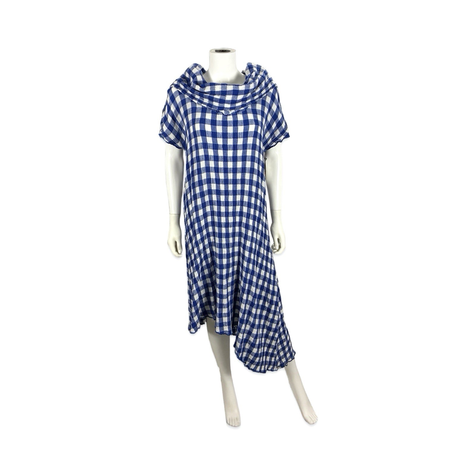 Dunes Women&rsquo;s VTG Blue Gingham Plaid Gauze Dress Lagenlook Asymmetric Boho M