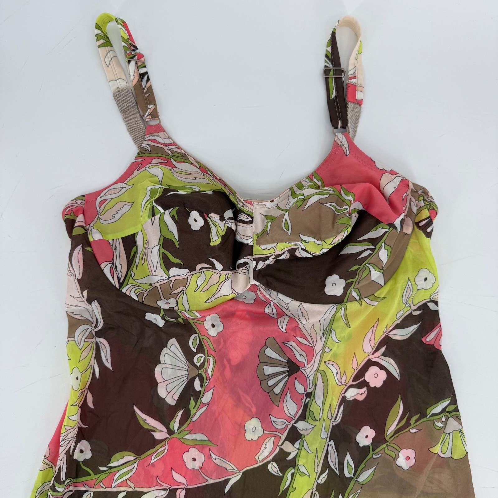 Vintage Emilio Pucci Floral Mesh Lingerie Slip Dress 36D Small Pink Green