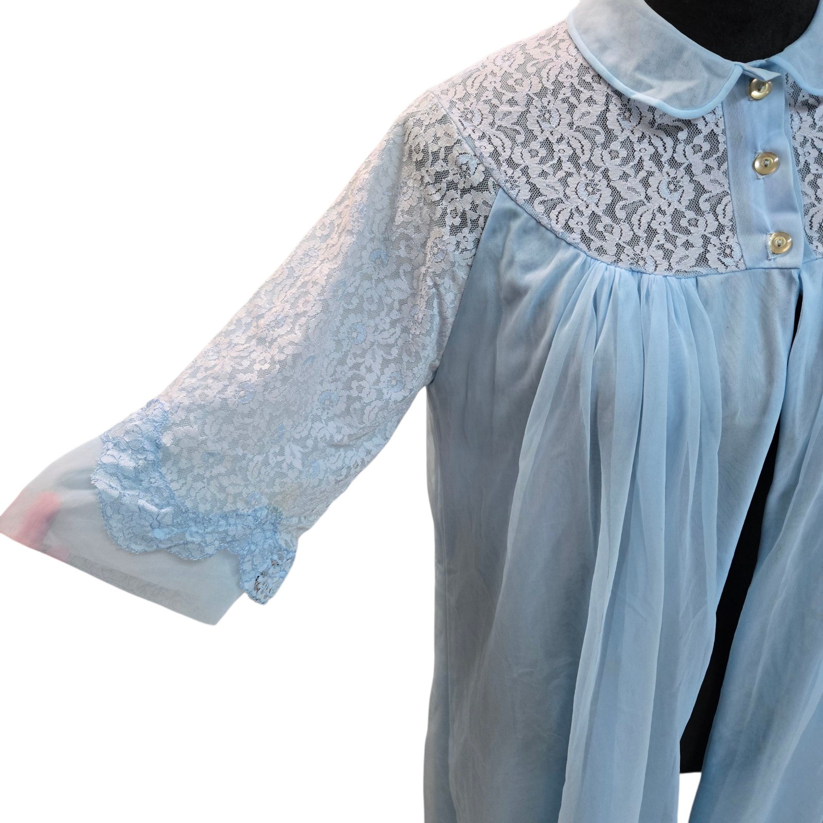 Vintage 50s Texsheen Peignoir Robe Chiffon Lace Powder Blue Size Small USA