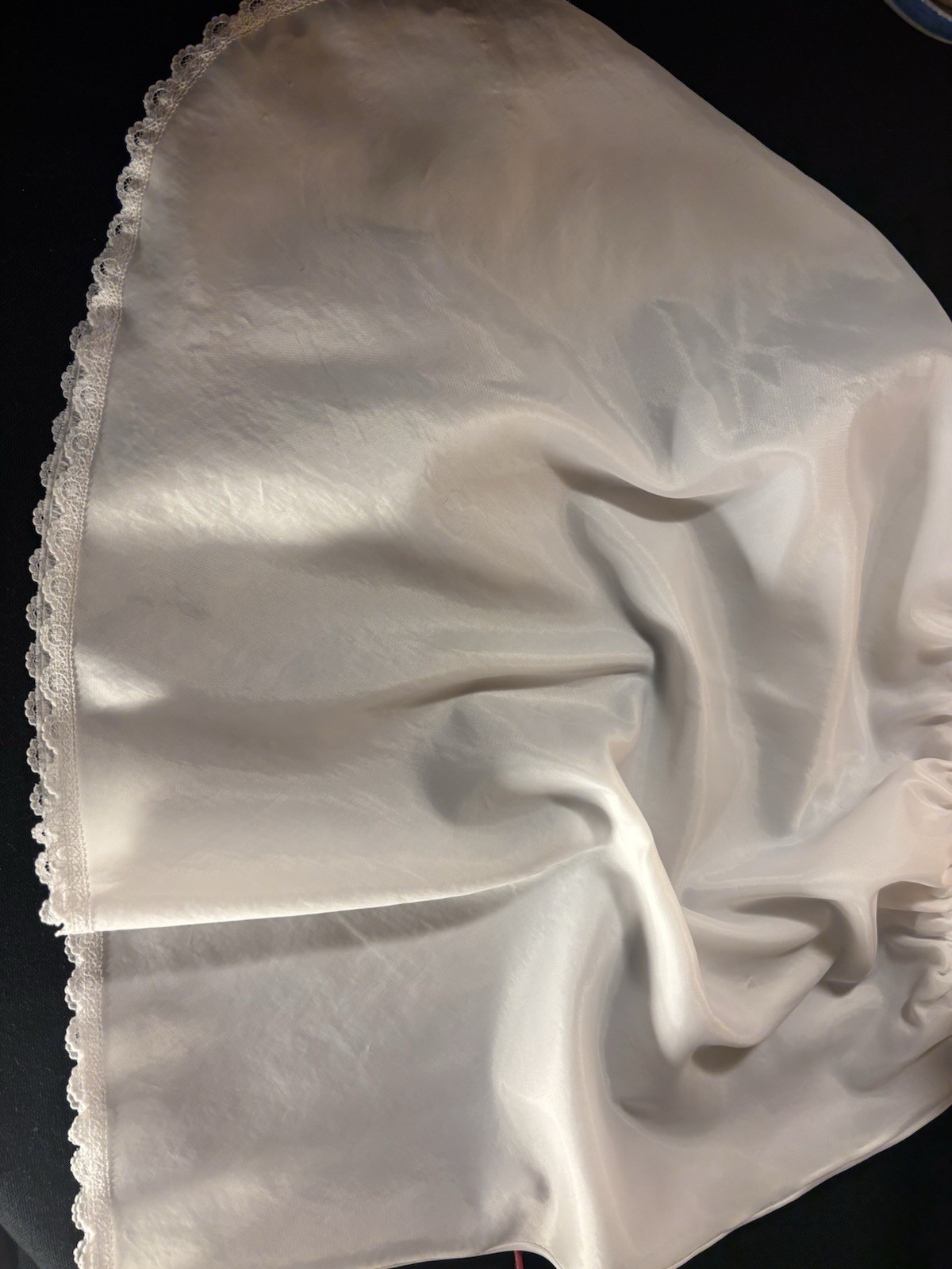 Vtg SATIN THIN TISSUE SHEER MINI SLIP SKIRT Oily Wet thin LINGERIE OFFICE SISSY