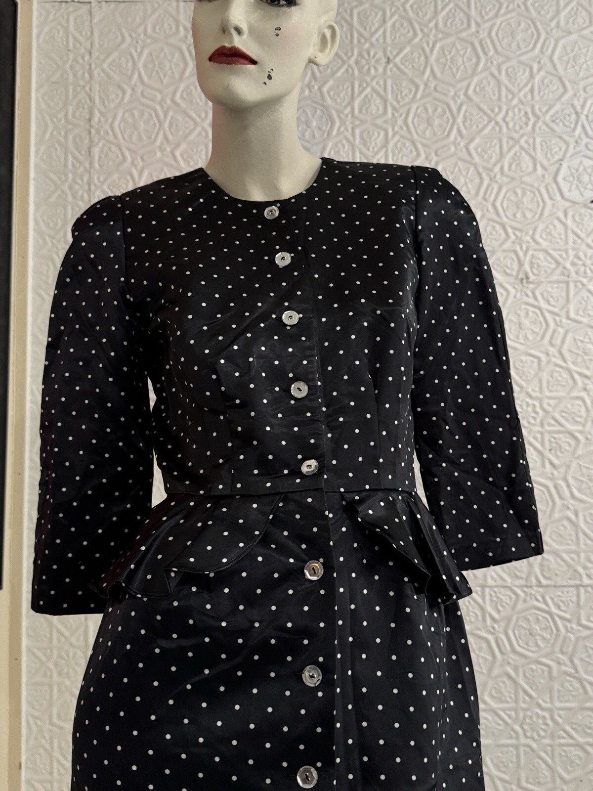 1980s Does 1940s Black satin Peplum Pencil Dress-Polka Dot-Chic-Vintage-Small