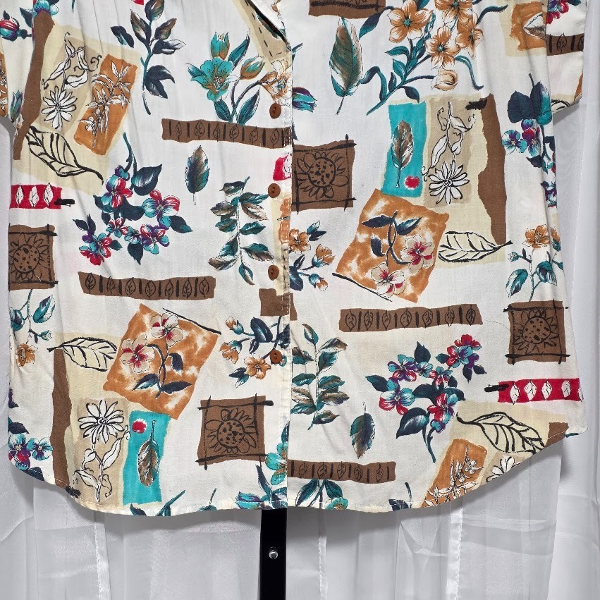 Vintage Act III Floral Geometric Button Down Camp Shirt Blouse Fits XL USA