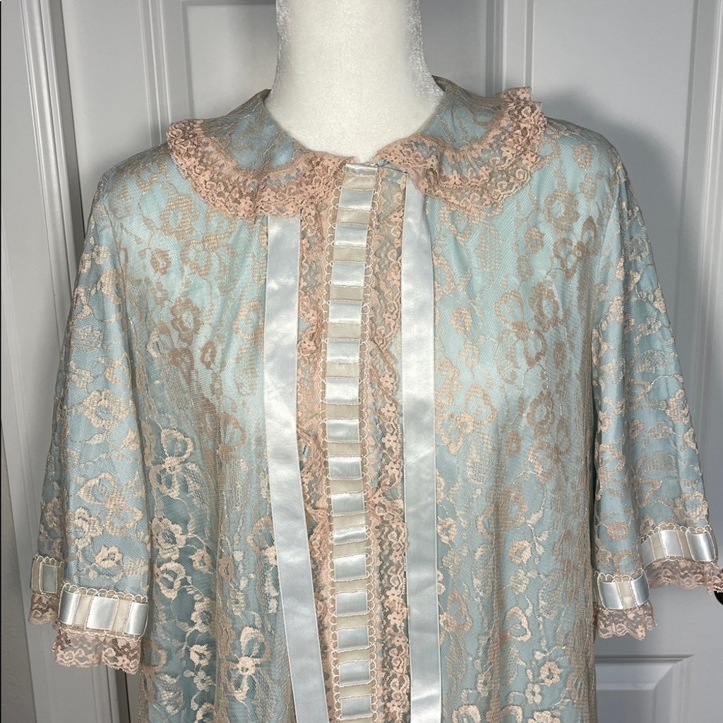 Odette Barsa Lace Lingerie Slip Dressing Gown Robe Medium Peignoir Blue Cream