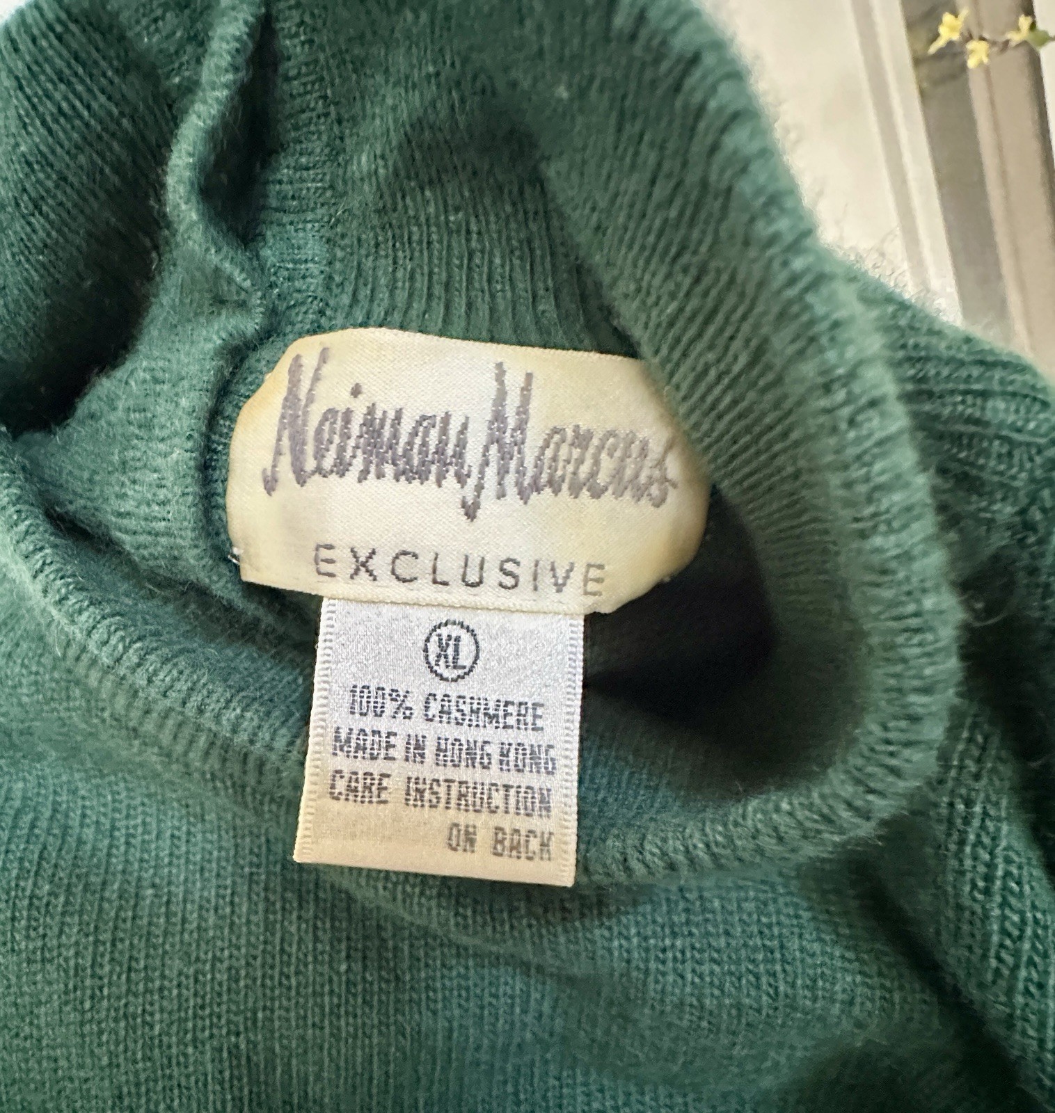 VINTAGE 1990s NEIMAN MARCUS DARK FOREST GREEN 100% CASHMERE SWEATER MOCK NECK XL
