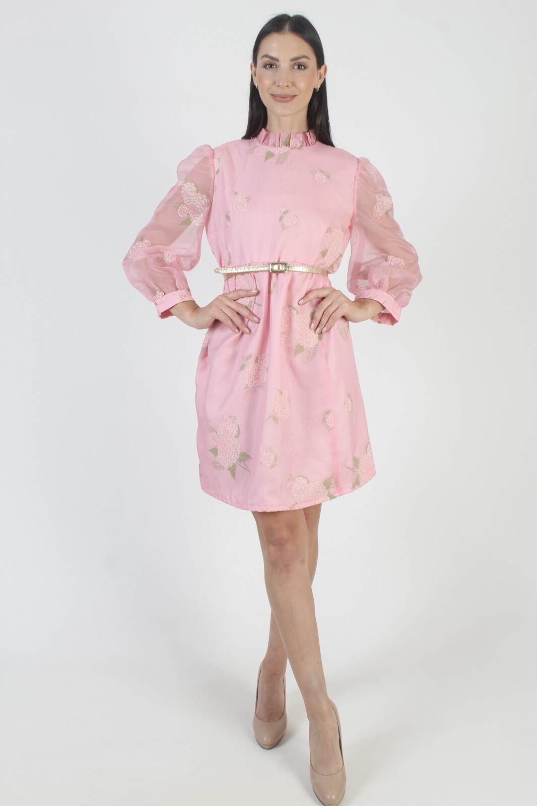 Vtg Barbiecore Romantic Mini Dress High Collar Velvet Floral Print Cottage Sheer