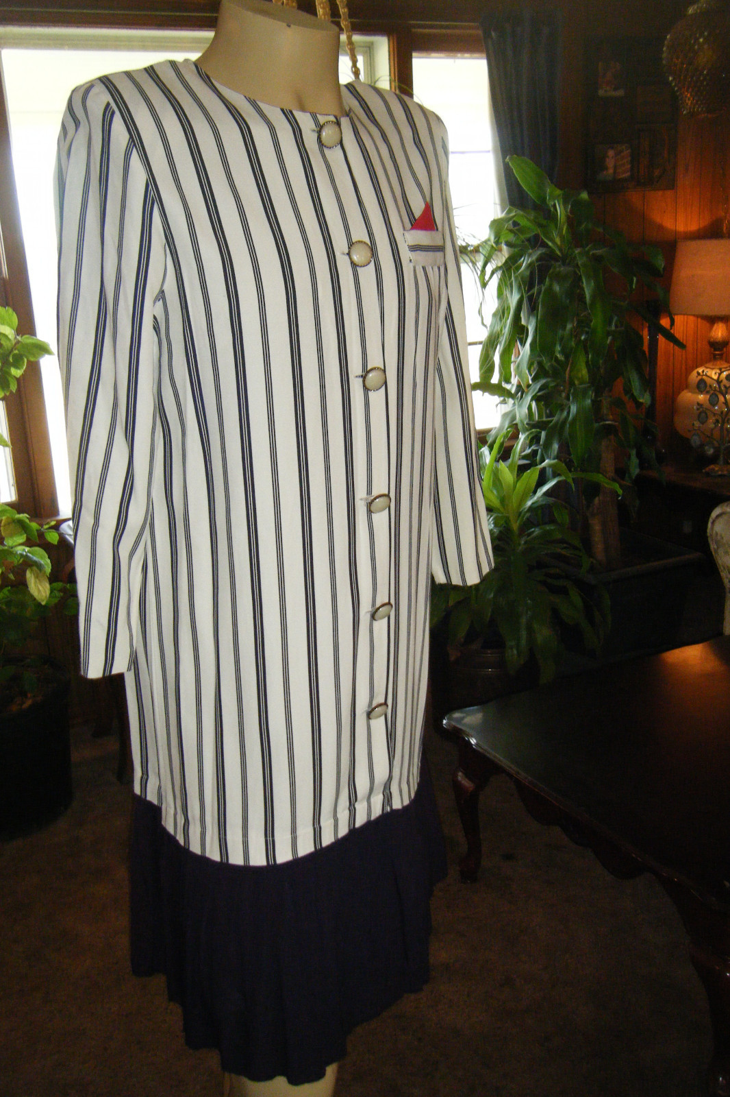 Vintage RISA ANN New York FLAPPER Drop Waist Pinstripe DRESS Blue & Cream sz 14