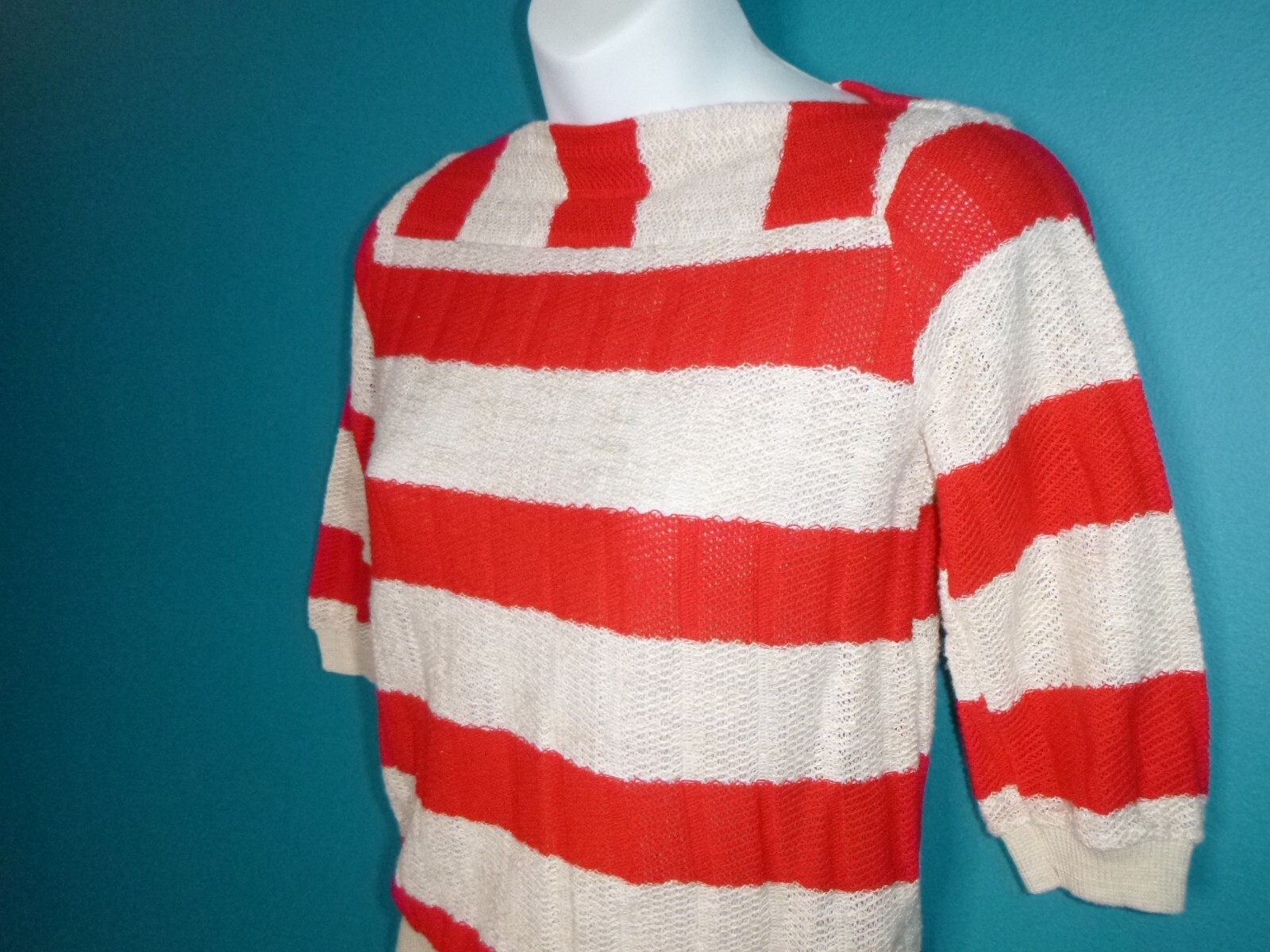 Vtg 70s Peppermint Casuals Loose Textured Knit Top Red Oatmeal Color Sz S/M