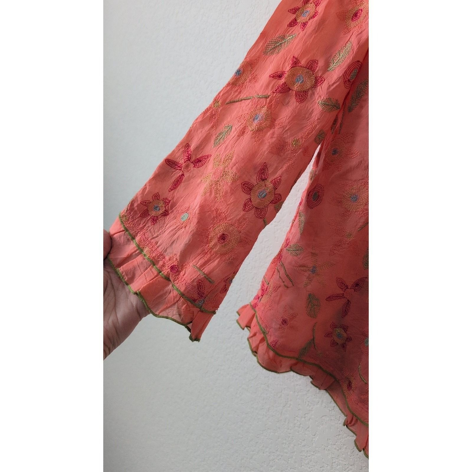 Vintage Johnny Was Collection Small Top Embroidery Flowers Pink Ruffle Bohemian